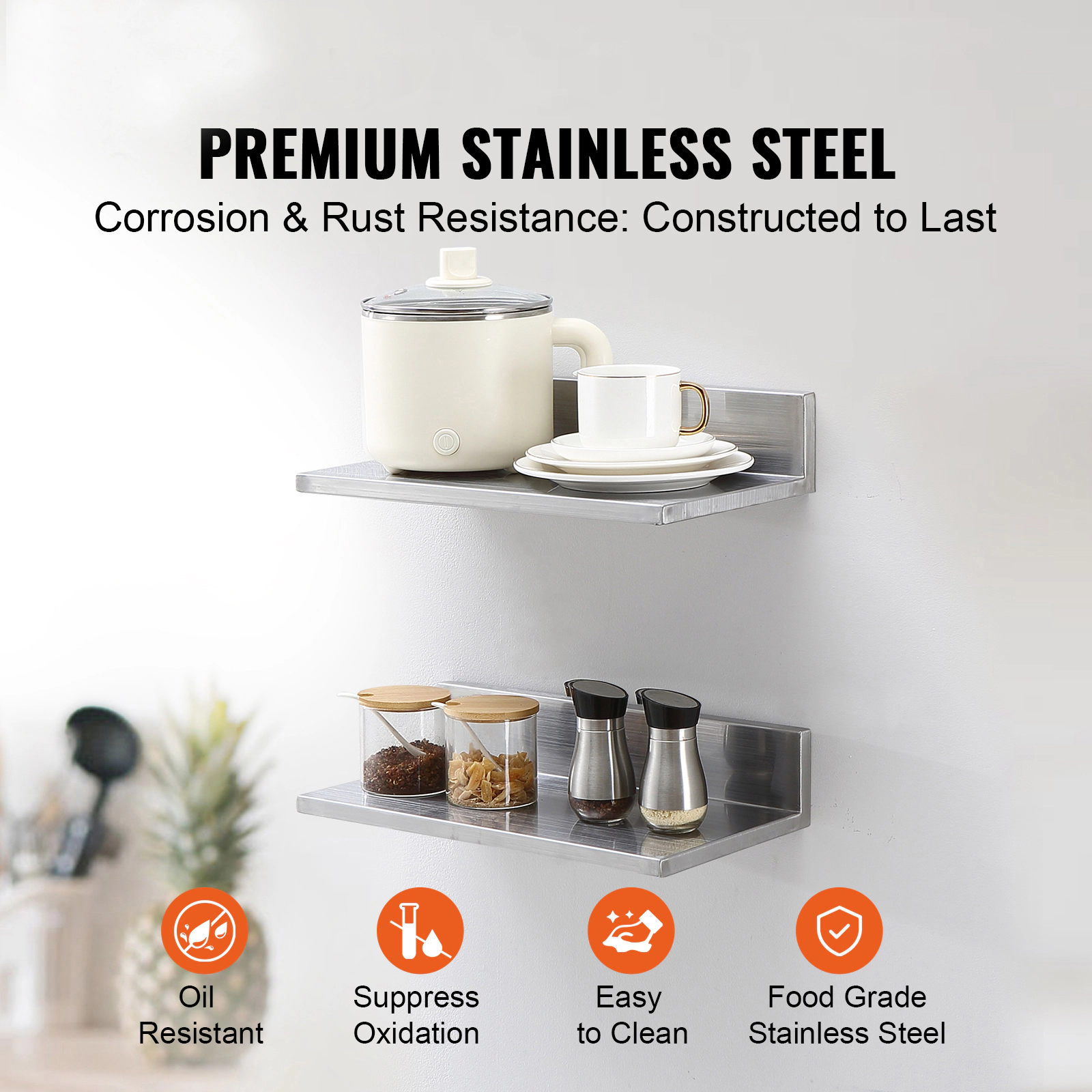 HONGGE 2 Pack Stainless Steel Shelf Wall Mounted Floating Shelving with Backsplash 44 lbs Load Capacity Commercial