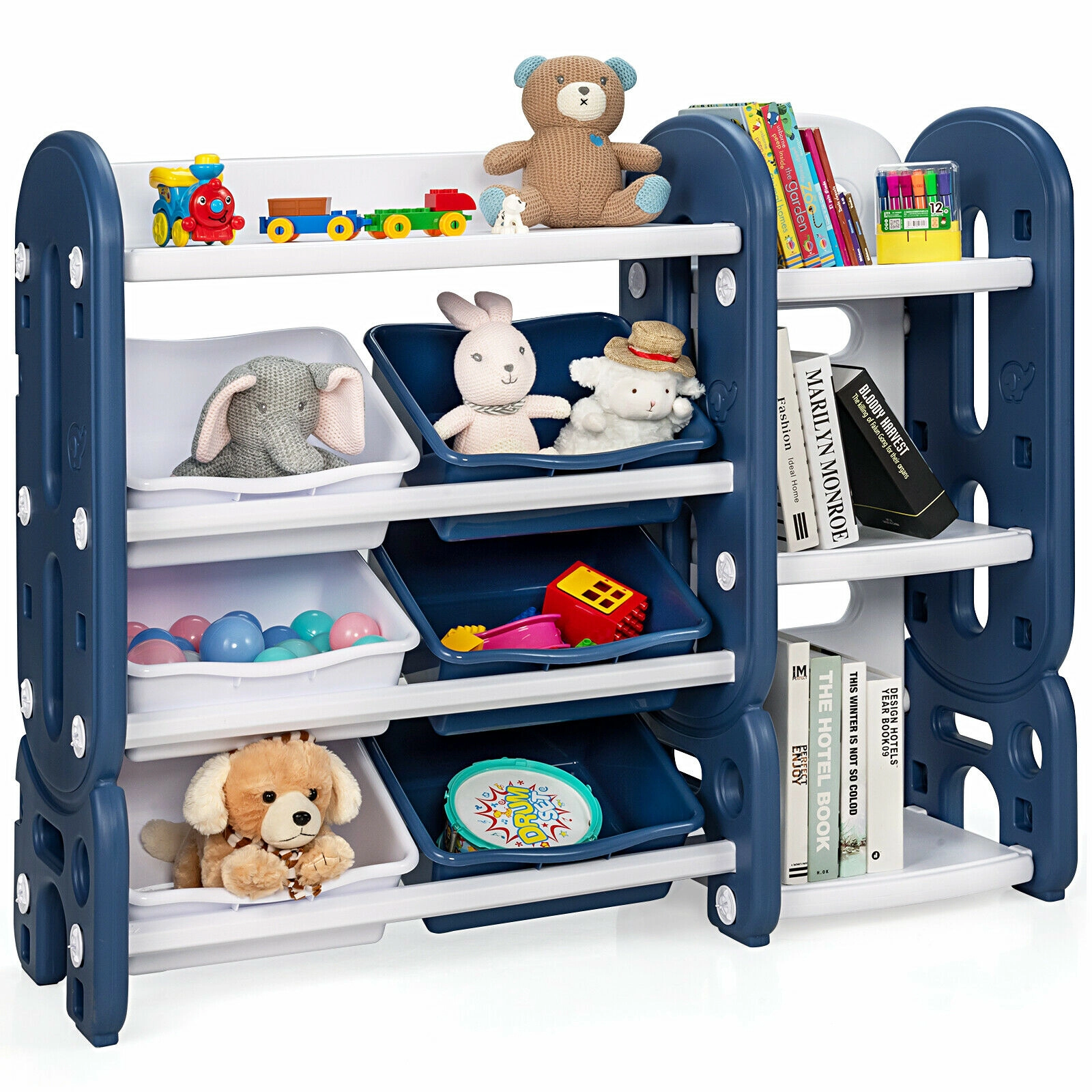SUGIFT Multi-Layer Kids Toy Storage Organizer with Bins and Bookshelf 44-lb Capacity Blue/Green