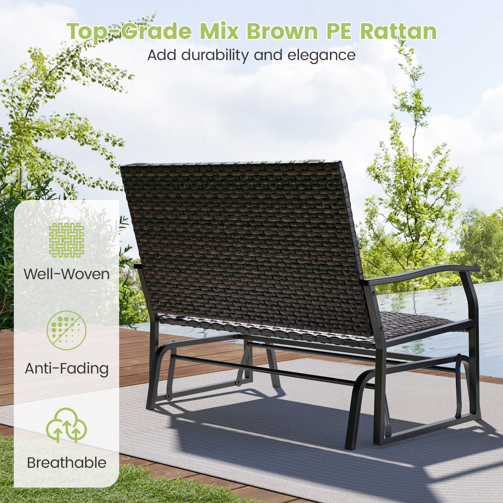 SUGIFT Brown Quick Dry Foam Seat 2-Person All Weather Outdoor Wicker Glider Bench