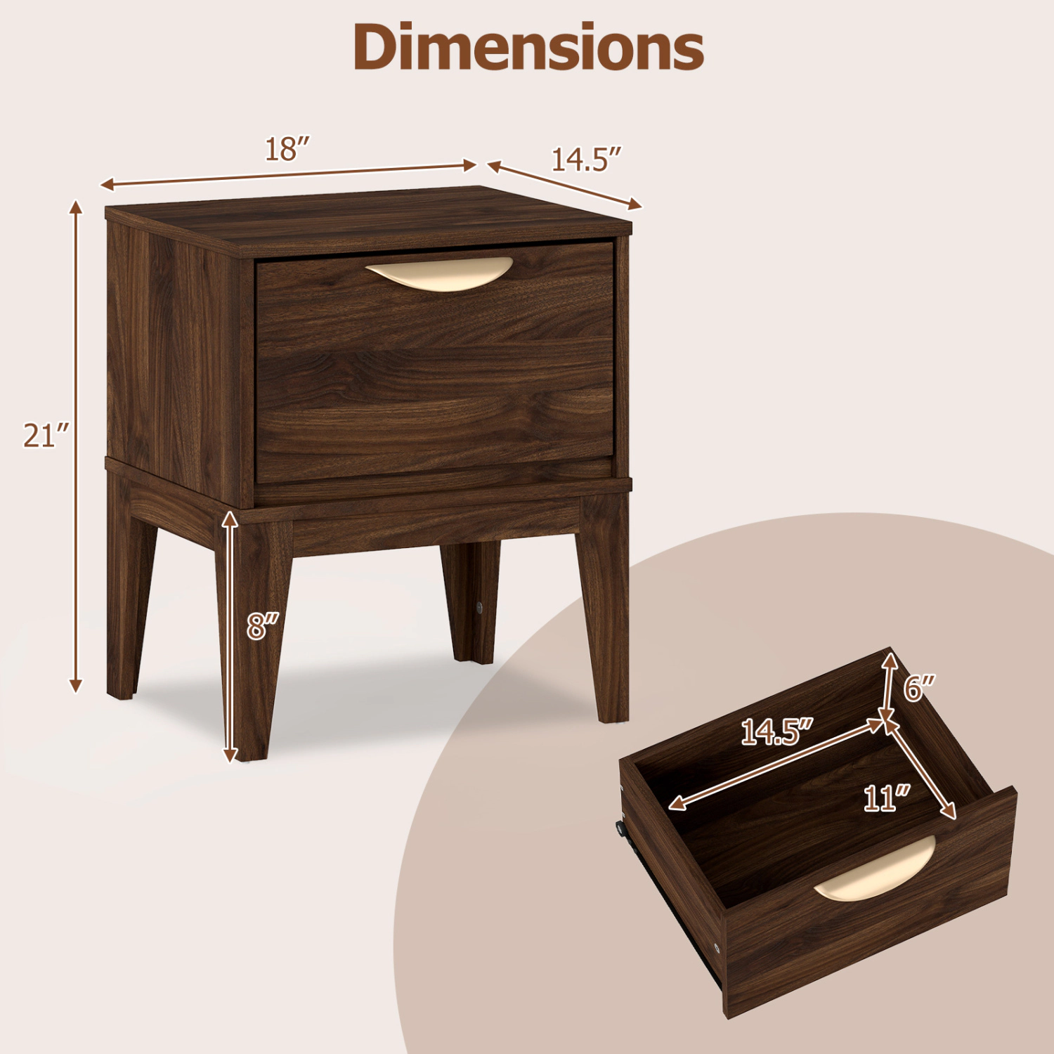 Hivvago Mid Century Modern Bedside Table with Drawer and Tapered Support Feet for Bedroom