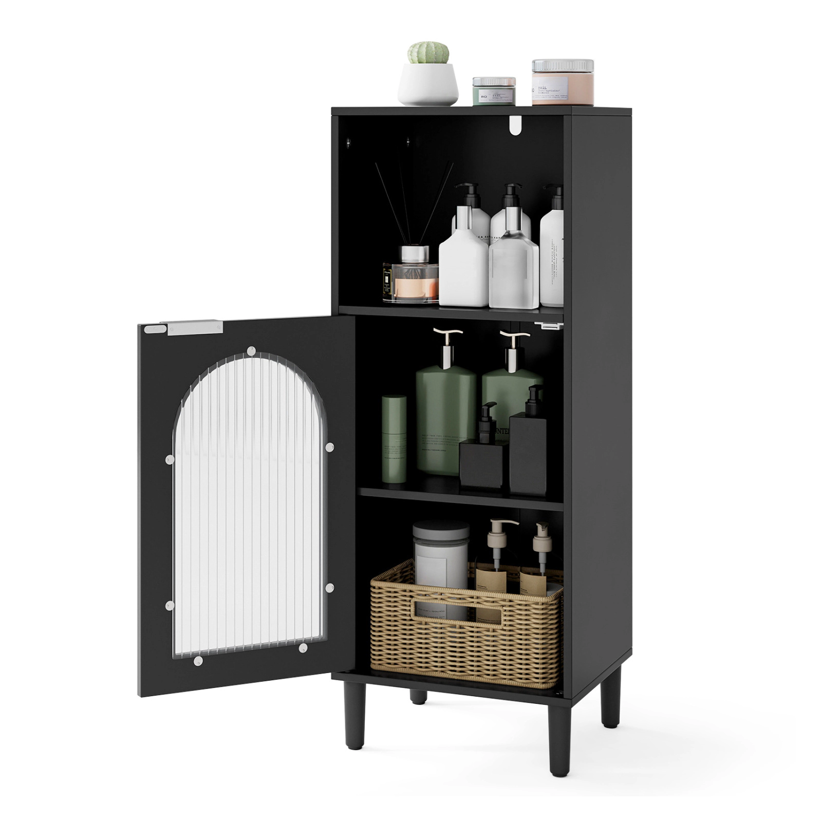 Glintex Bathroom Side Cabinet with Wavy Tempered Glass Door and Solid Wood Legs