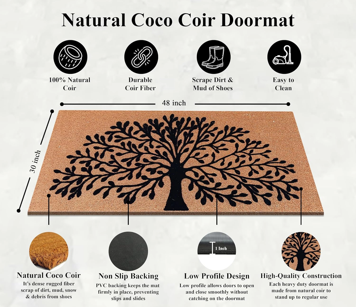 A1 Home Collections Coir Flocked Door Mat 30x48 Inches Heavy Duty Non-Slip Durable Tree Of Life-Flocked