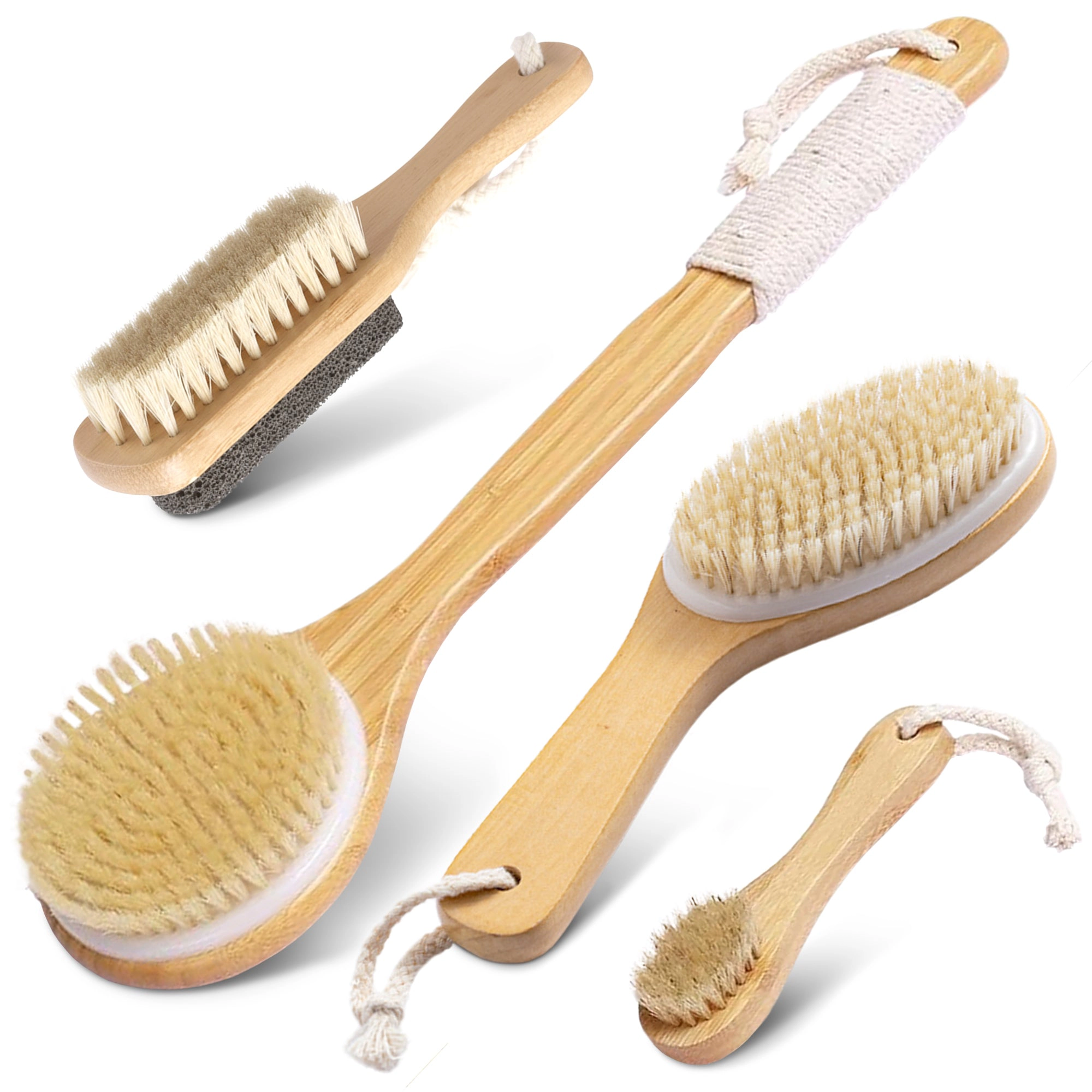 Cheer Collection Natural Bristle Shower Body Brush Set of 4 for Wet or Dry
