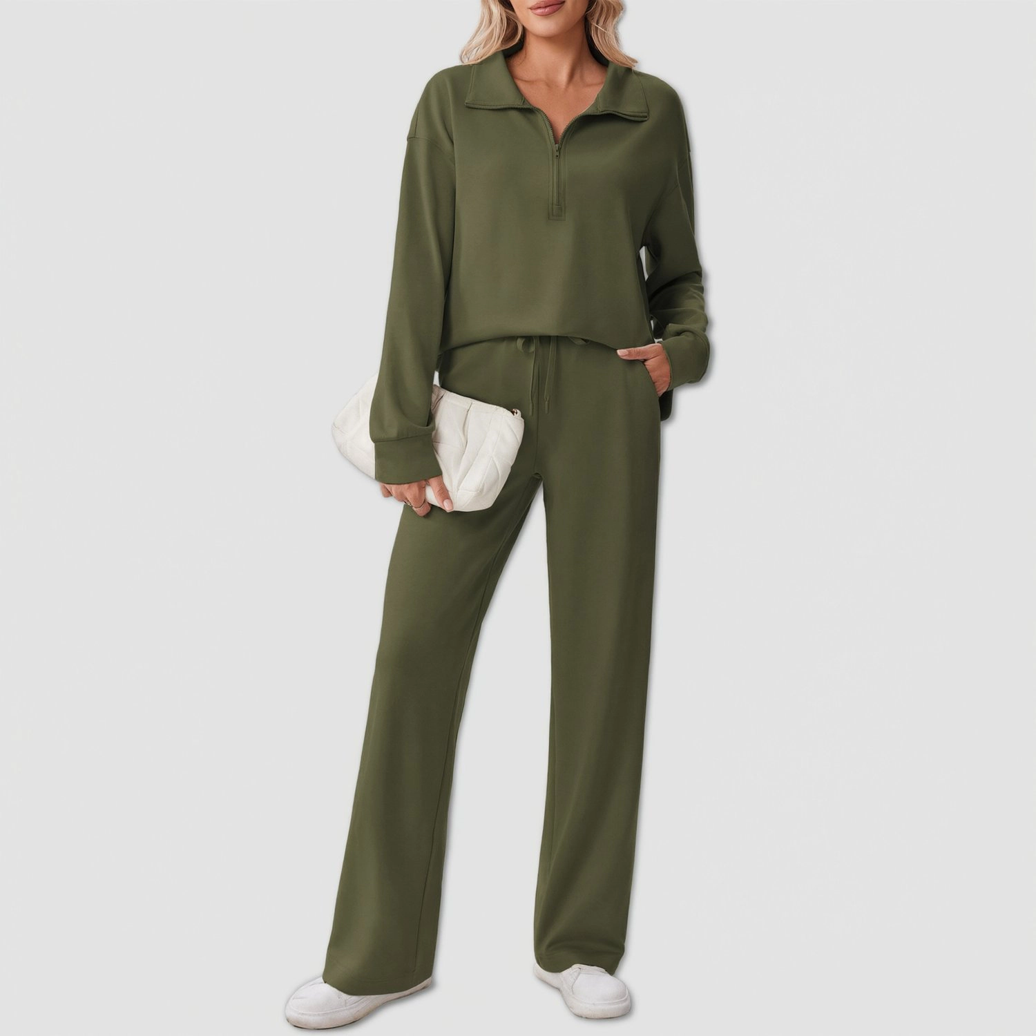 Pinspark Womens Half Zip Collared Long Sleeve Top Wide Leg Pants 2 Piece Casual Sets