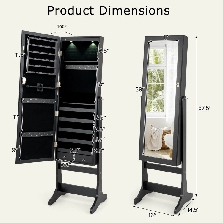 Hivvago Lockable Freestanding Jewelry Cabinet Armoire with Full-Length Mirror and Lights