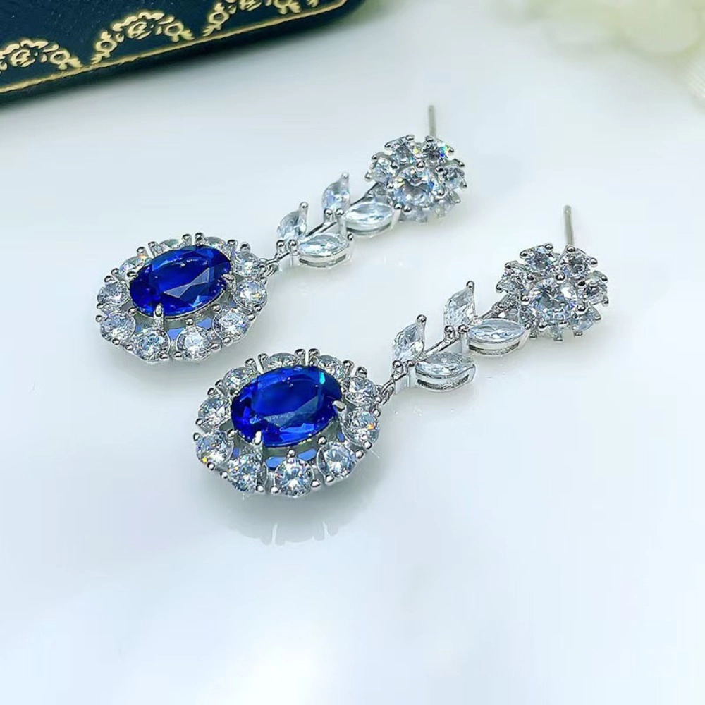 Oval Blue Sapphire Simulant Floral Leaf Dangle Earring
