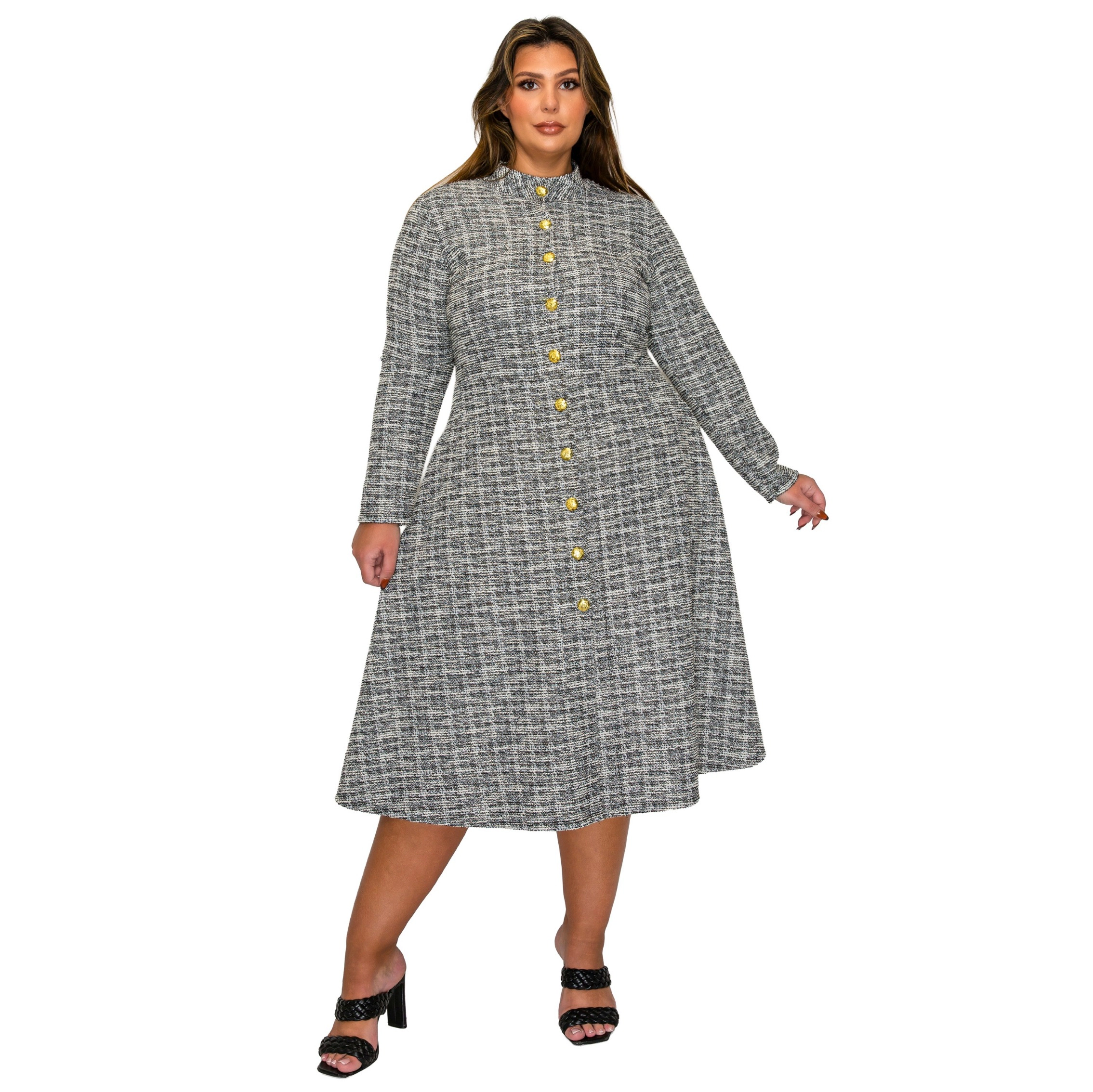 L I V D Women's Plus Chelsea Tweed Button Dress