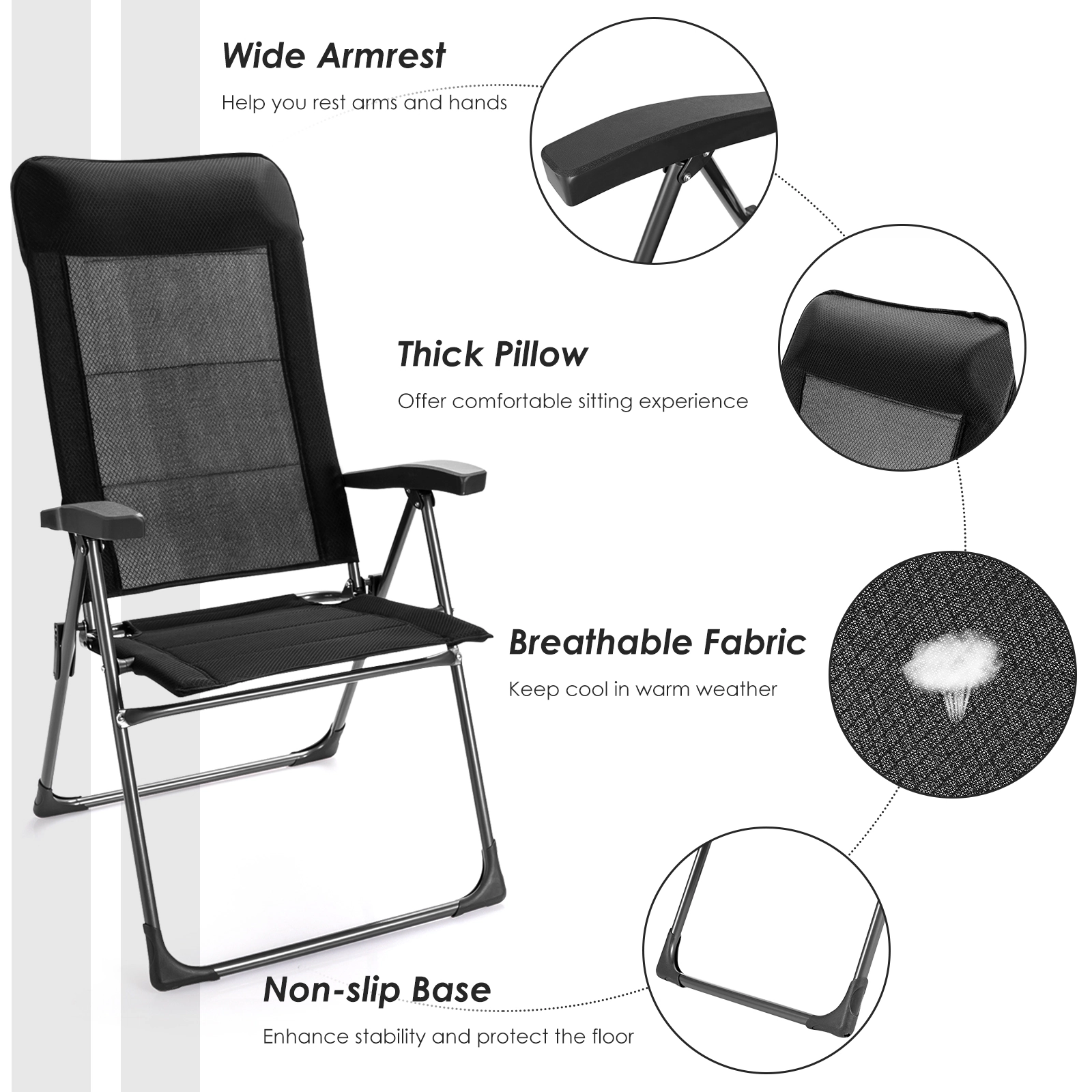 SUGIFT 2-Pc Portable Folding Patio Dining Chairs with Adjustable Backrest 330-Lb Capacity 28-in Chair Height Black