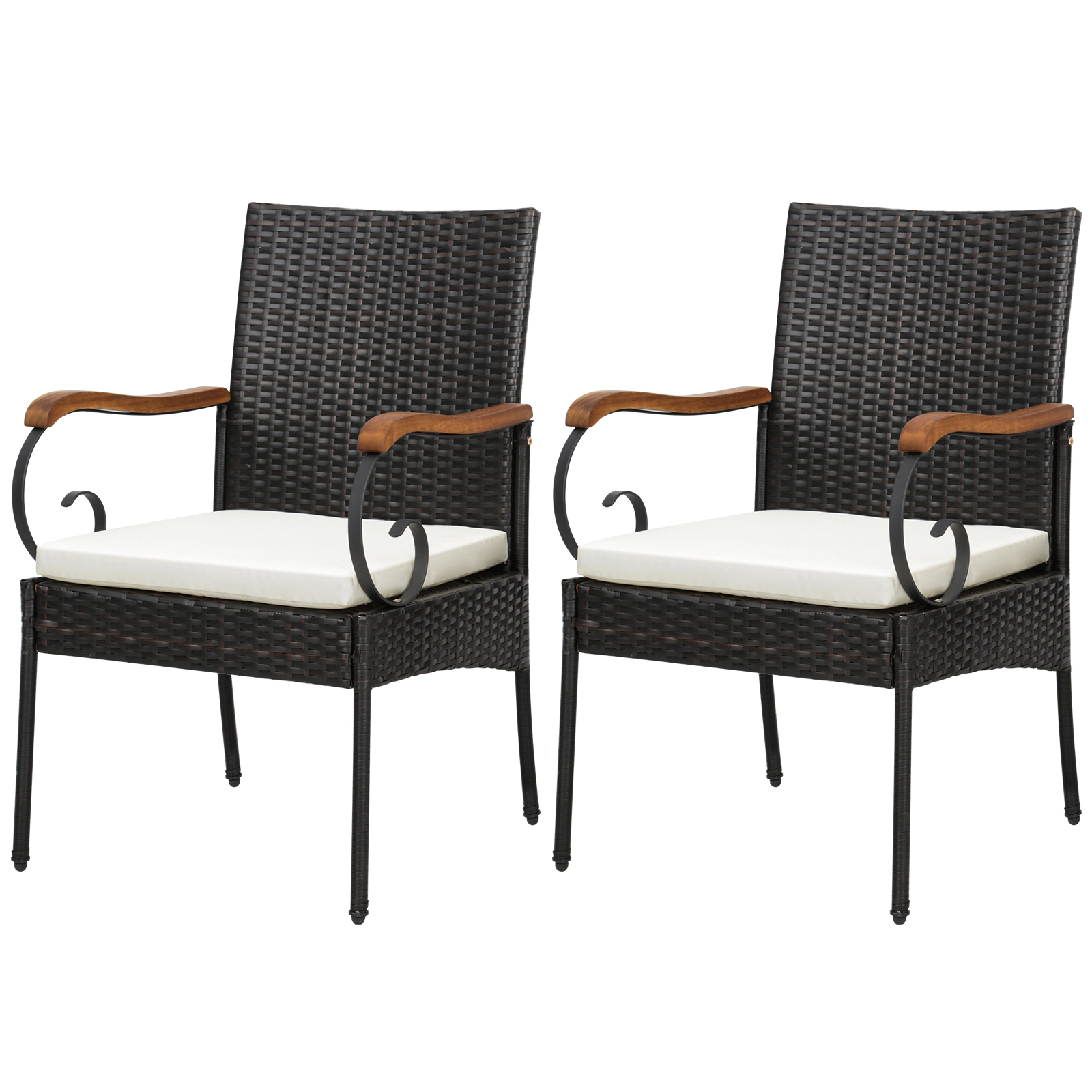 SUGIFT Set of 2 PE Wicker Outdoor Patio Dining Chairs with Acacia Wood Armrests and Thick Cushions