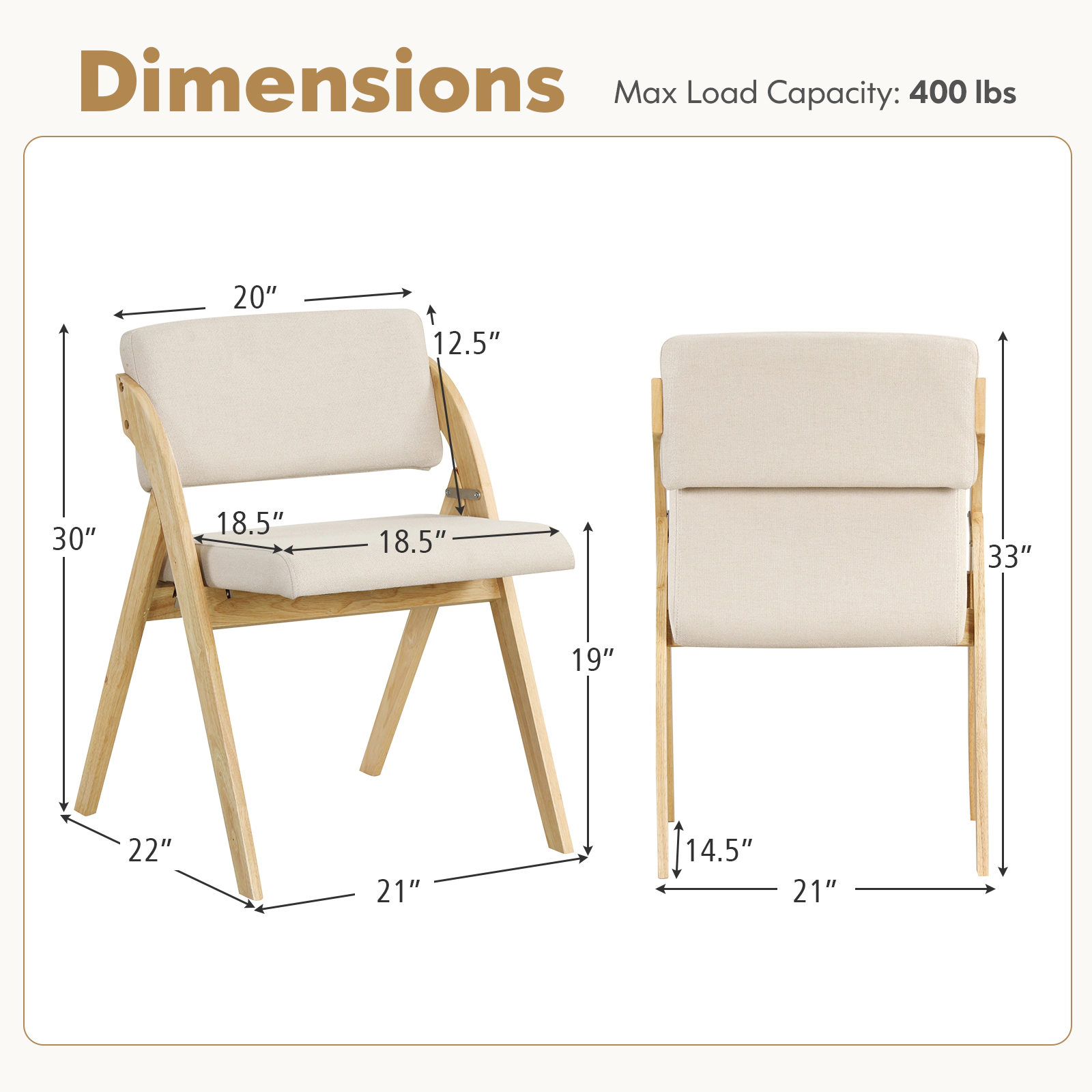 SUGIFT Thick Padded Folding Kitchen Dining Chairs with Rubber Wood Legs 355-lb Capacity Natural & Beige