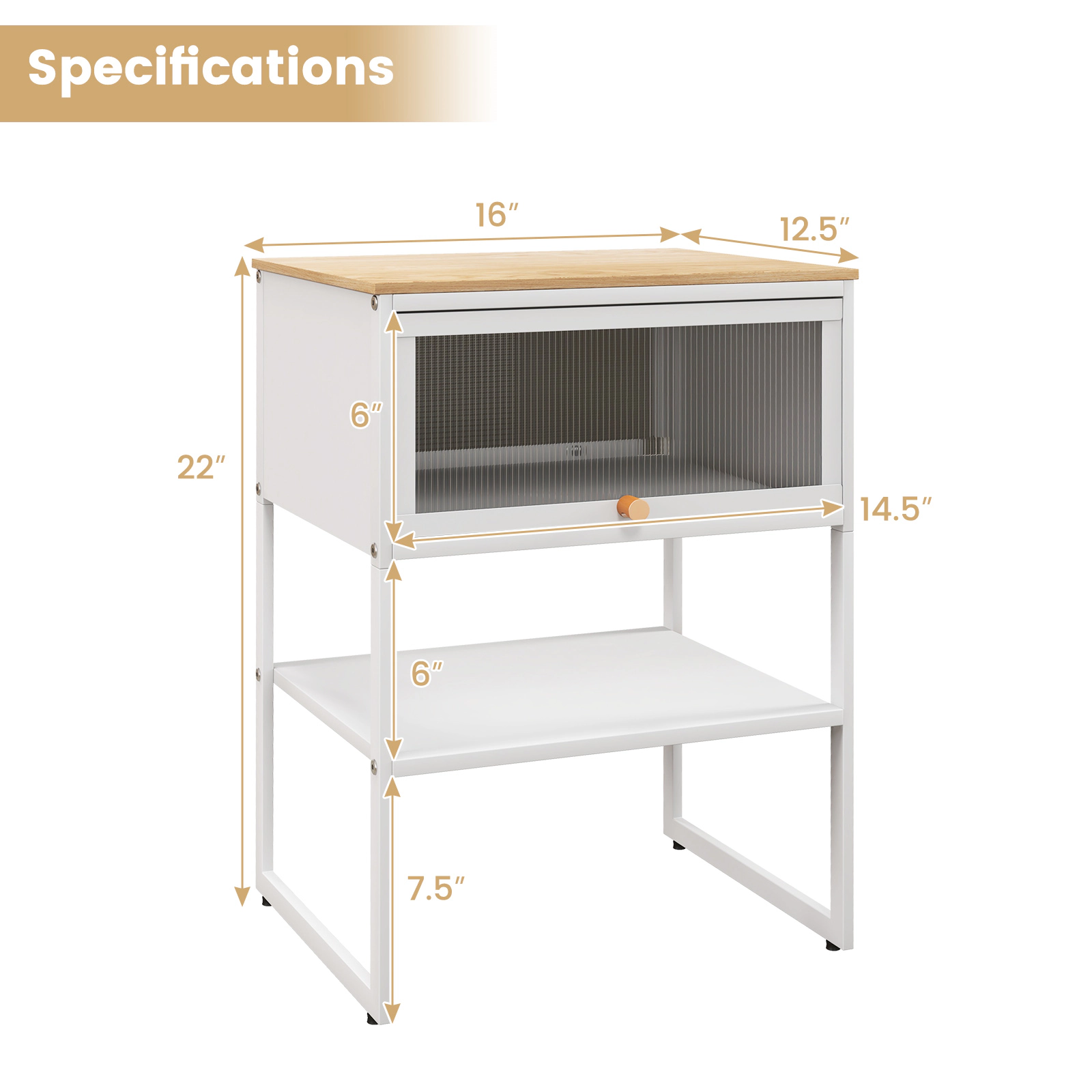 Glintex 3-Tier Nightstand with Flip-Up PC Door and Magnetic Catch, White