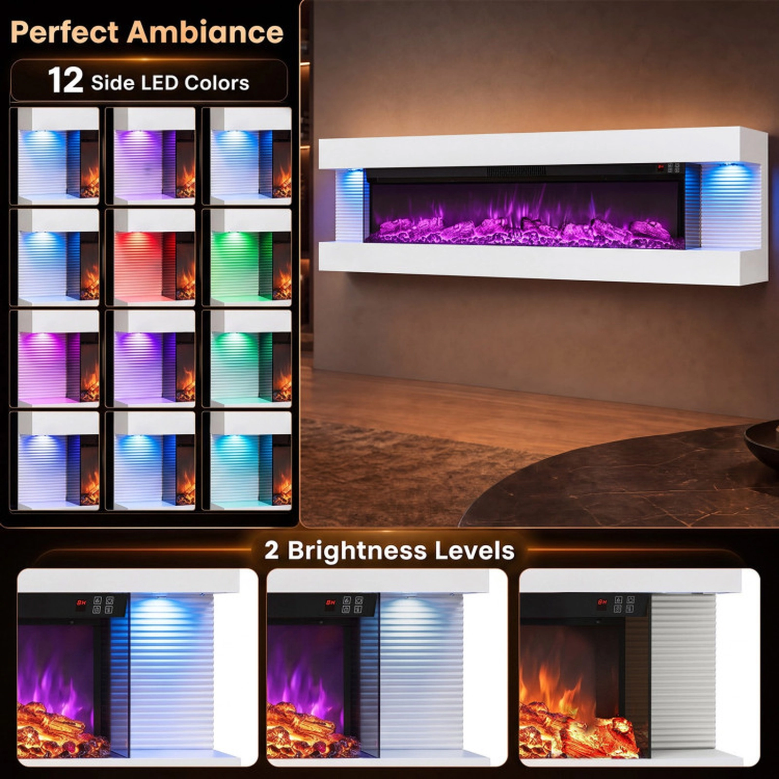 SUGIFT 3-Sided Wall Mount Electric WiFi Fireplace with Floating Mantel 60-in 750W/1500W Heater 5118 BTU 400 sq.ft White