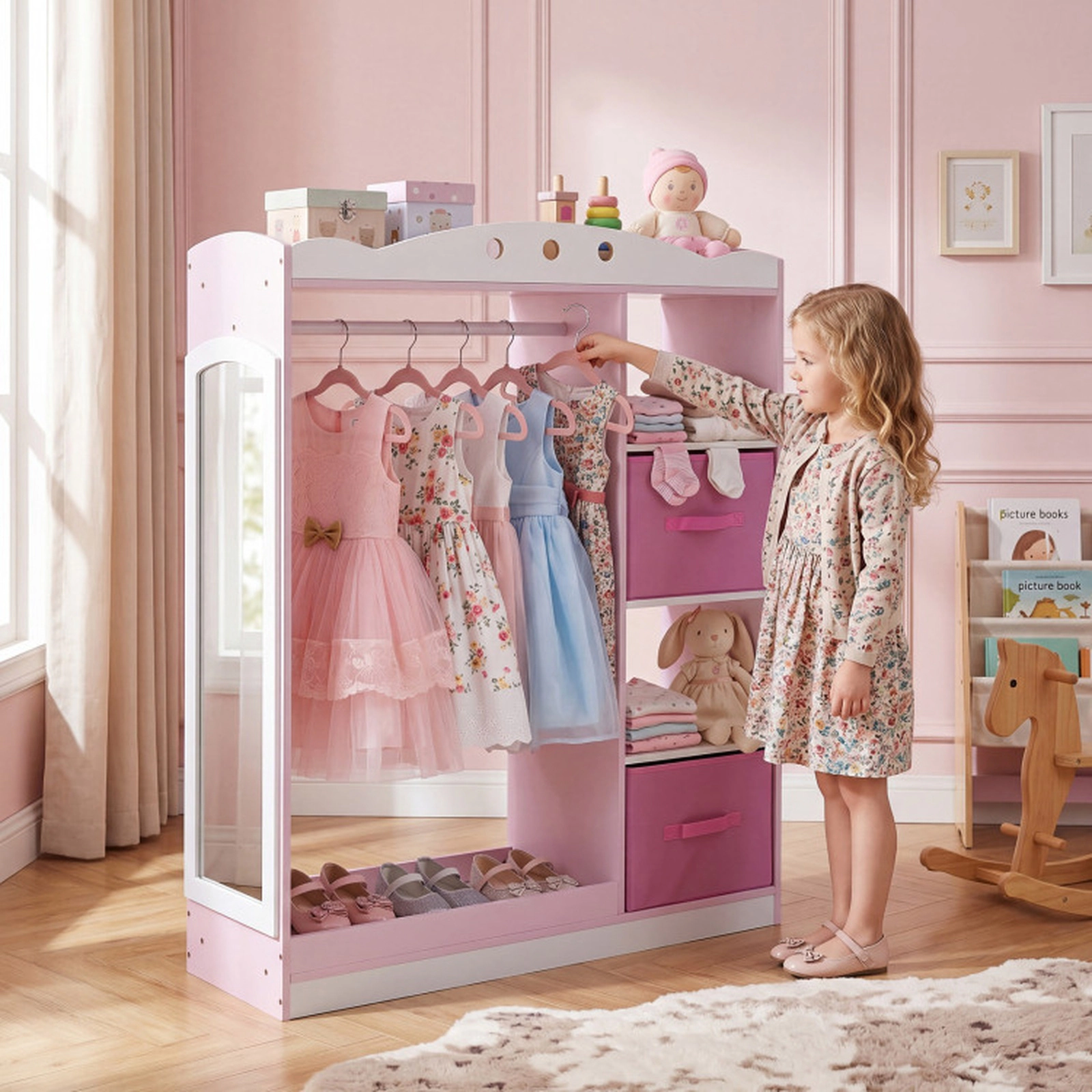 SUGIFT 44-in Pink Kids Dress Up Storage and Clothing Rack with Full Length Acrylic Mirror and 2 Fabric Drawers