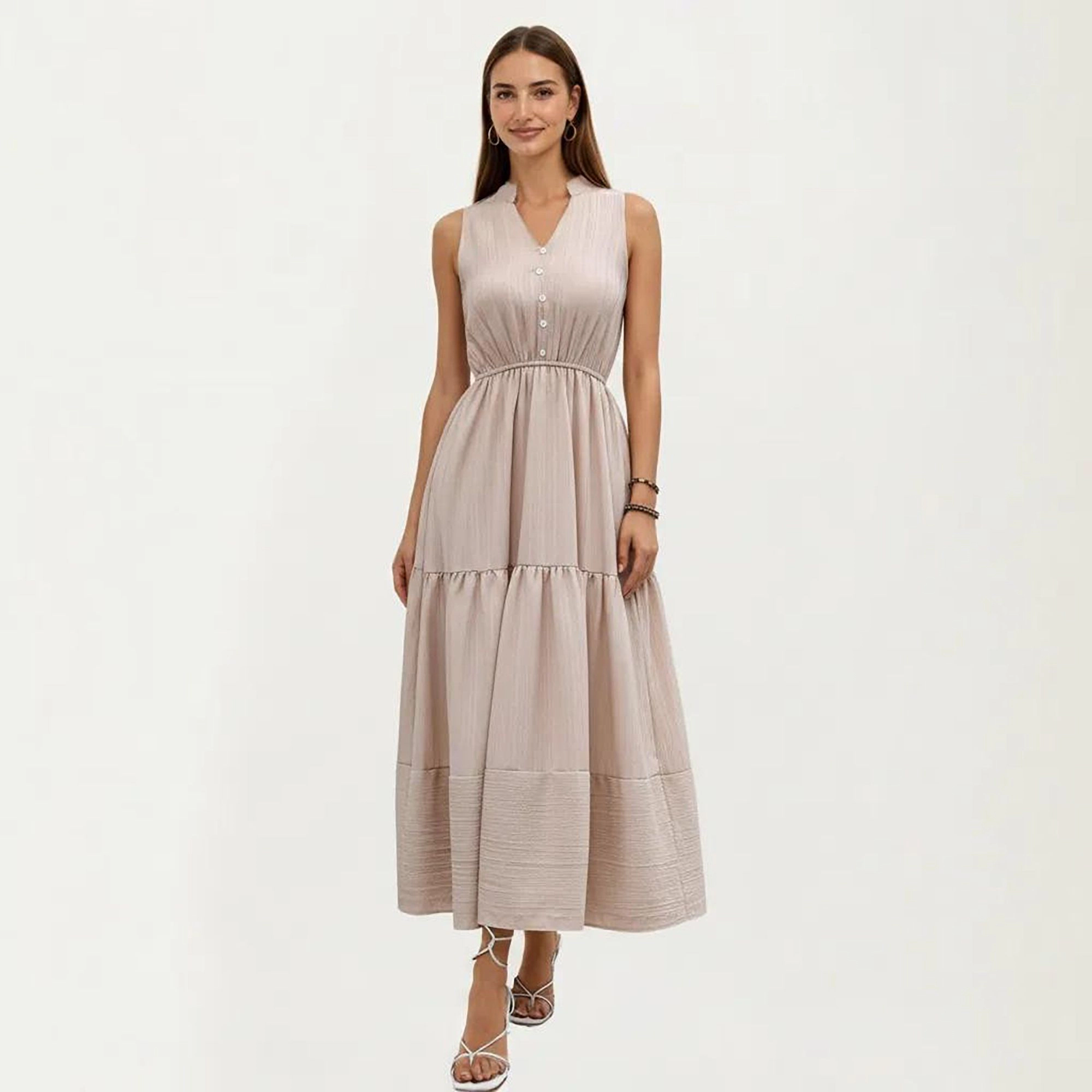 Anna-Kaci Women's Sleeveless Tiered Button Front V-Neck Elastic Waist Maxi Dress