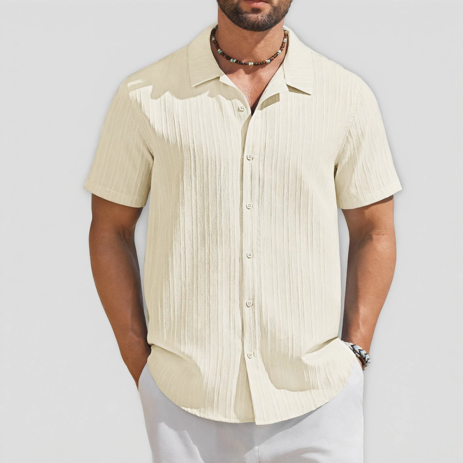 COOFANDY Mens Short Sleeve Button Down Shirt Camp Collar Pleated Casual  Top
