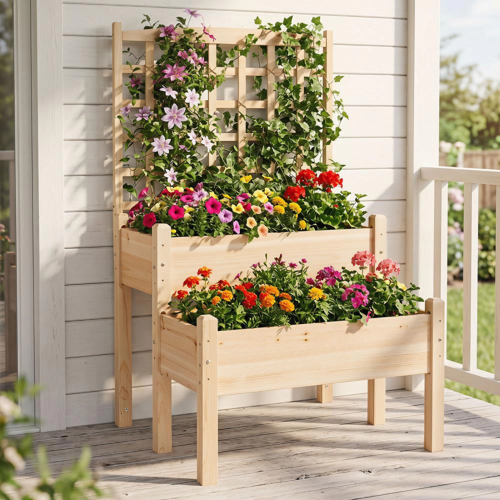 Hivvago Raised Garden Bed with Trellis 2-Tier for Outdoor Climbing Plants