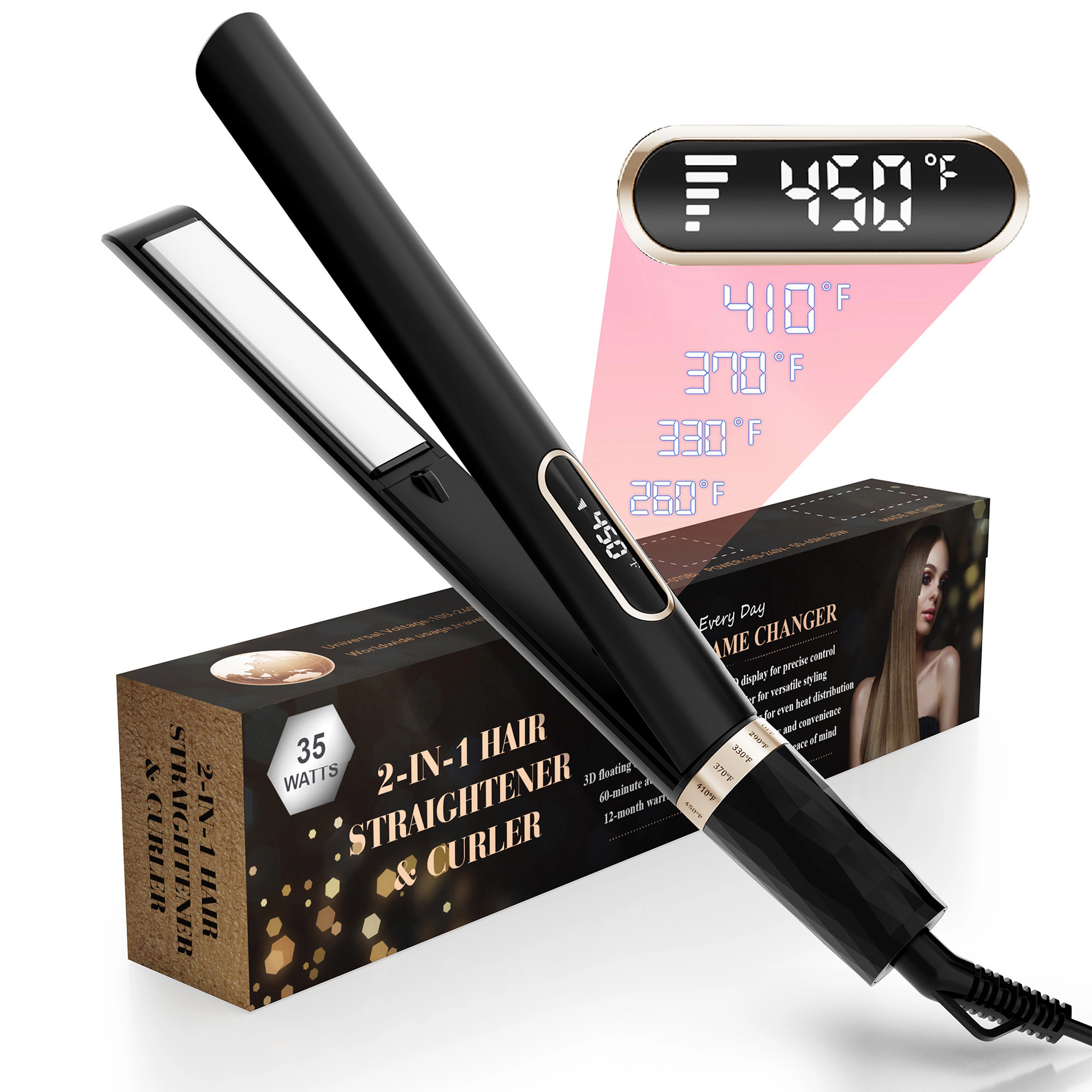 NICEBAY Hair Straightener Flat Iron, Titanium Hair Curler Iron, Fast Heating, 5 Temp Settings, Straightening Iron
