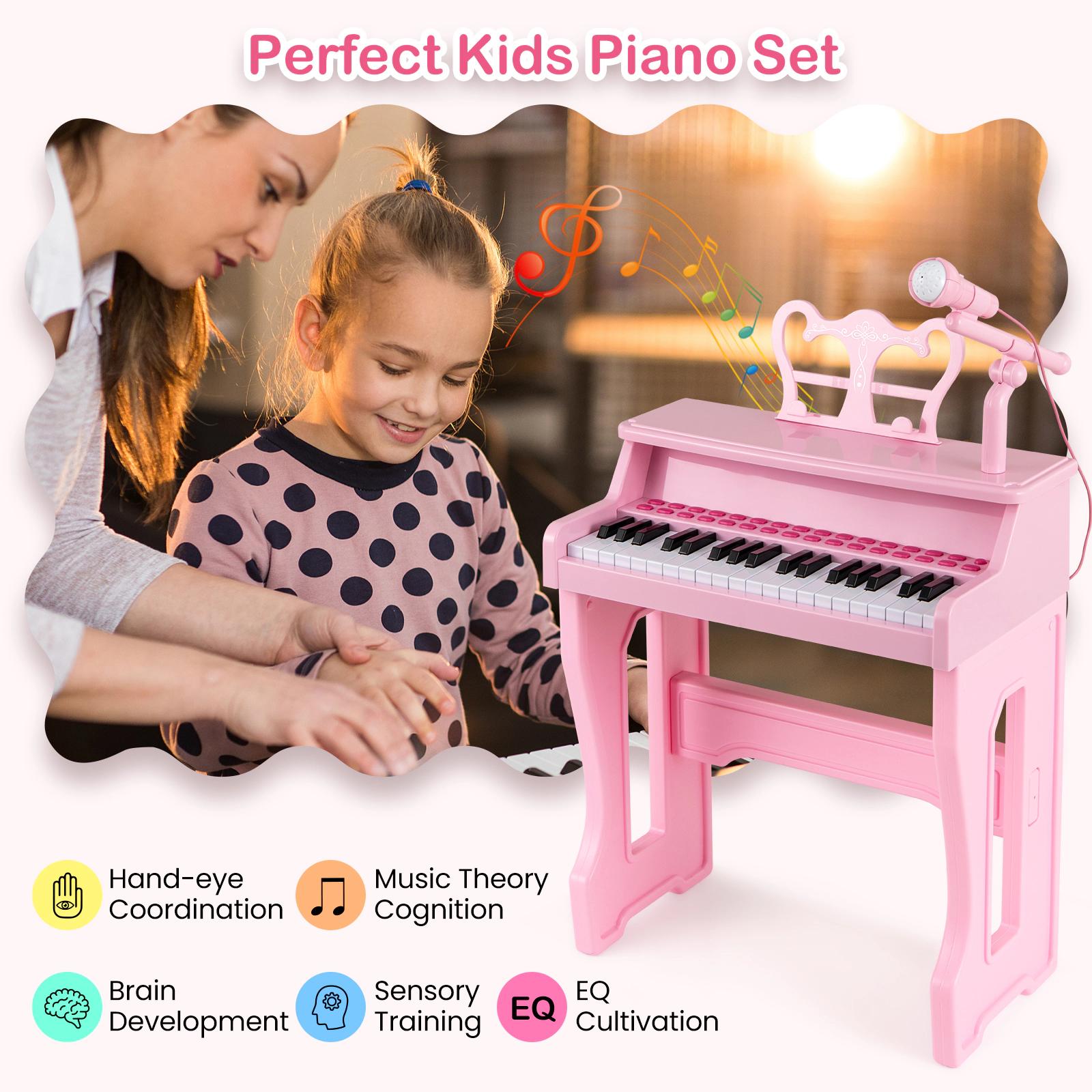 SUGIFT Kids Pink 37-Key Toy Piano Keyboard with Microphone and Stool 15.8-in W 8.9-in D 23.5-in H Ages 3+