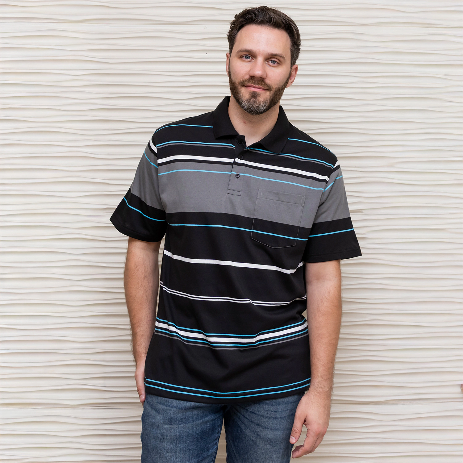 Gioberti Mens Multiple Stripe Polo Shirt With Pocket - Short Sleeve Yarn Dye