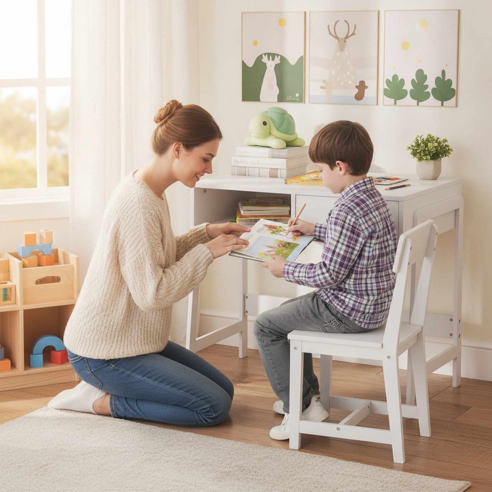 SUGIFT Kids Desk and Chair Set, White Study Desk with Hutch and Storage Drawer