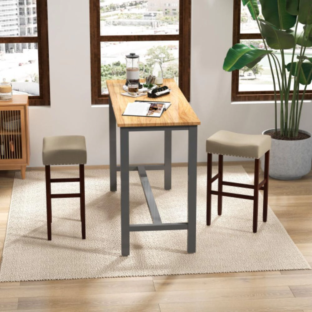 Hivvago 29 Inch Upholstered Bar Stools with Solid Rubber Wood Frame and Footrests- Set of 2