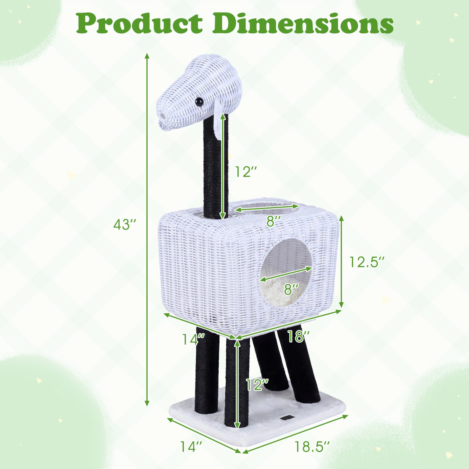 LJG 43-Inch Lamb-Shaped Cat Tower with 2-Door Rattan Condo for Indoor Kittens