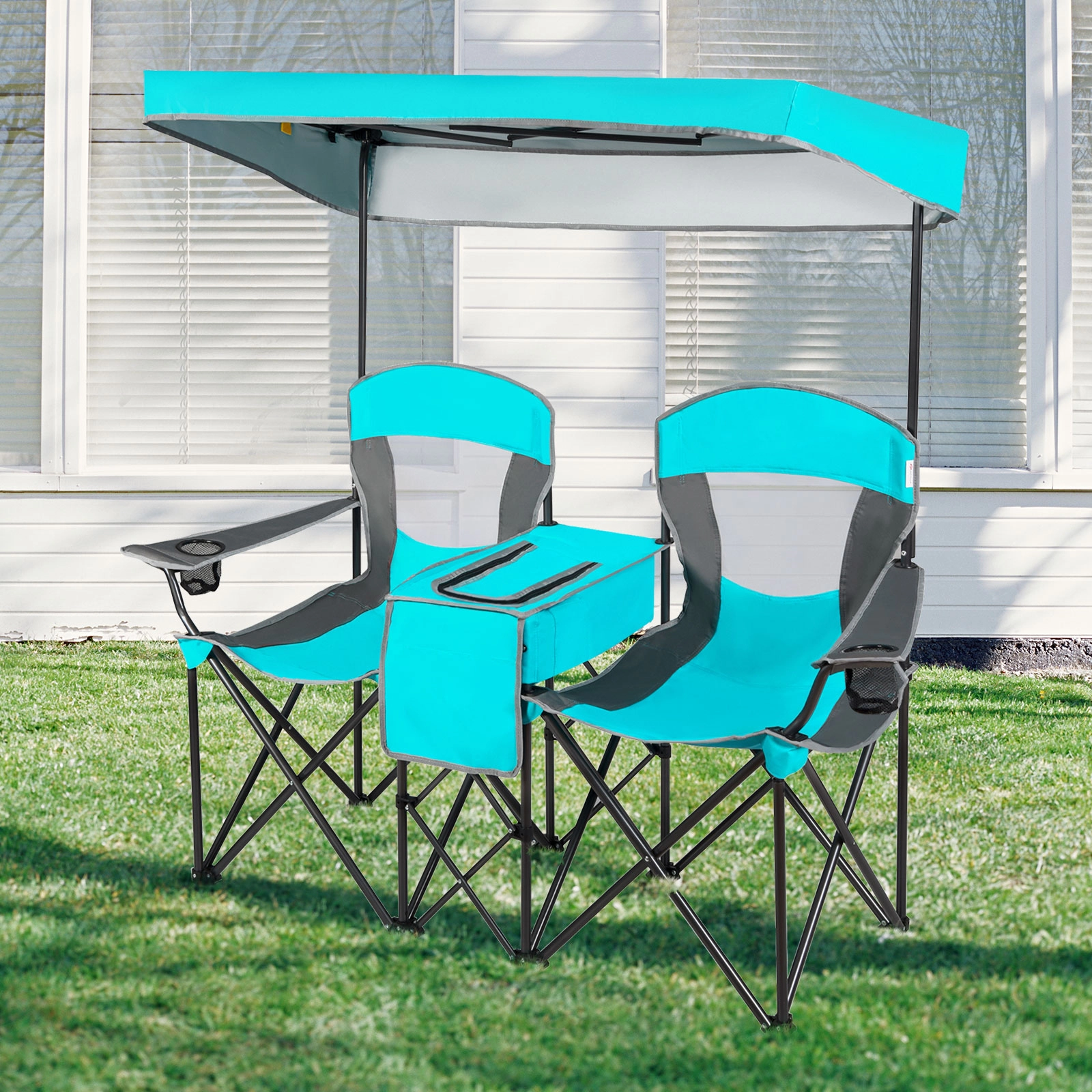 SUGIFT 265-lb Capacity Portable Folding Camping Canopy Chair with Adjustable Sun Shade Cooler Bag and Cup Holder