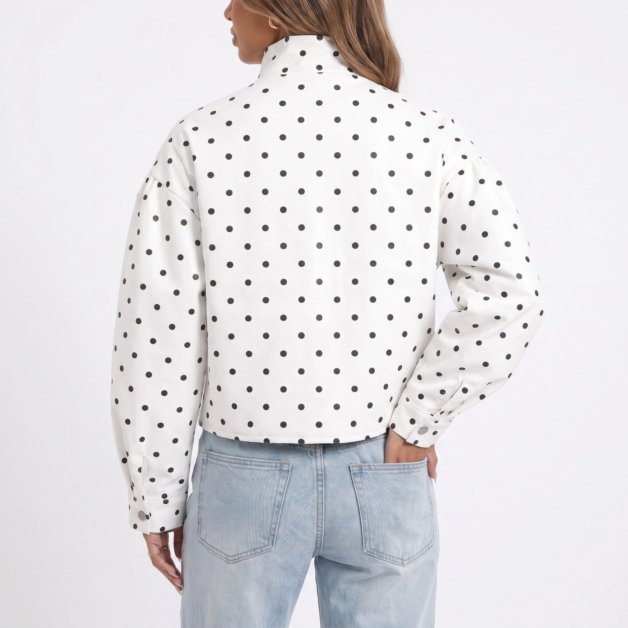 Anna-Kaci Women's Polka Dot Stand Collar Cropped Jacket Snap Front Relaxed Fit Long Sleeve