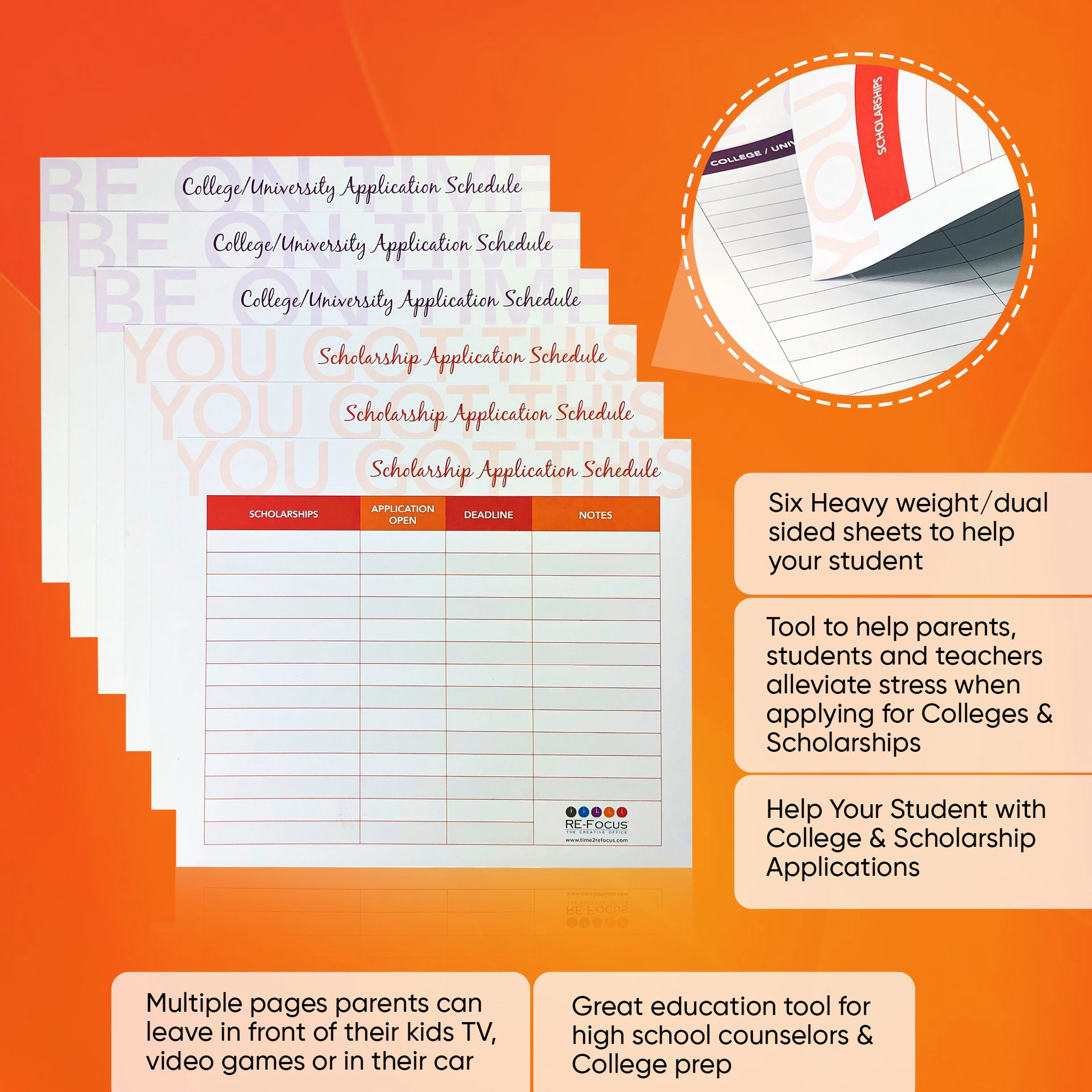 RE-FOCUS THE CREATIVE OFFICE College & Scholarship Application Timeline Sheets