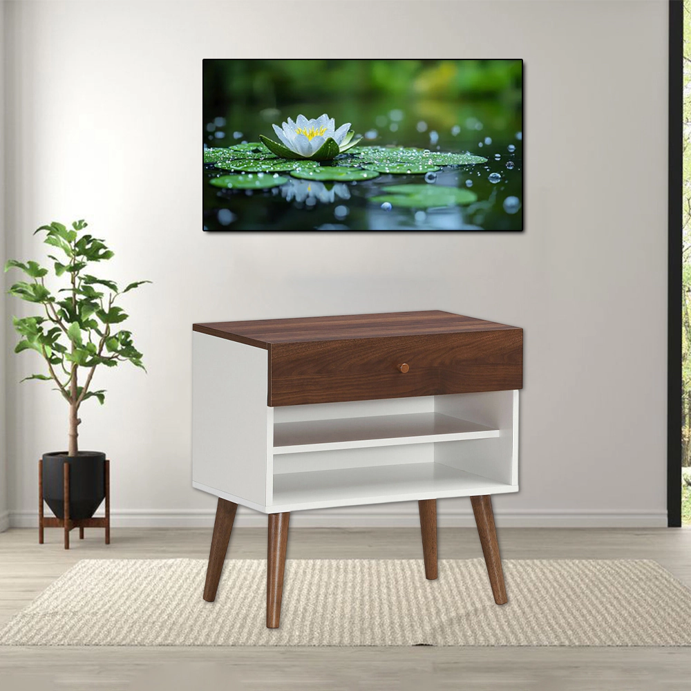 Hivvago Retro Wooden Nightstand Featuring Storage Drawer and Tapered Legs