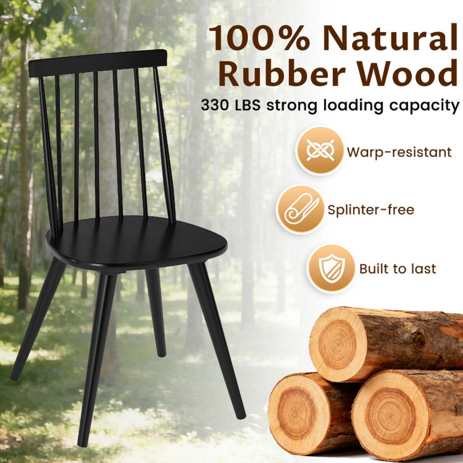 SUGIFT Set of 4 Black 330-lb Capacity Solid Rubber Wood Windsor Dining Chairs with High Spindle Back