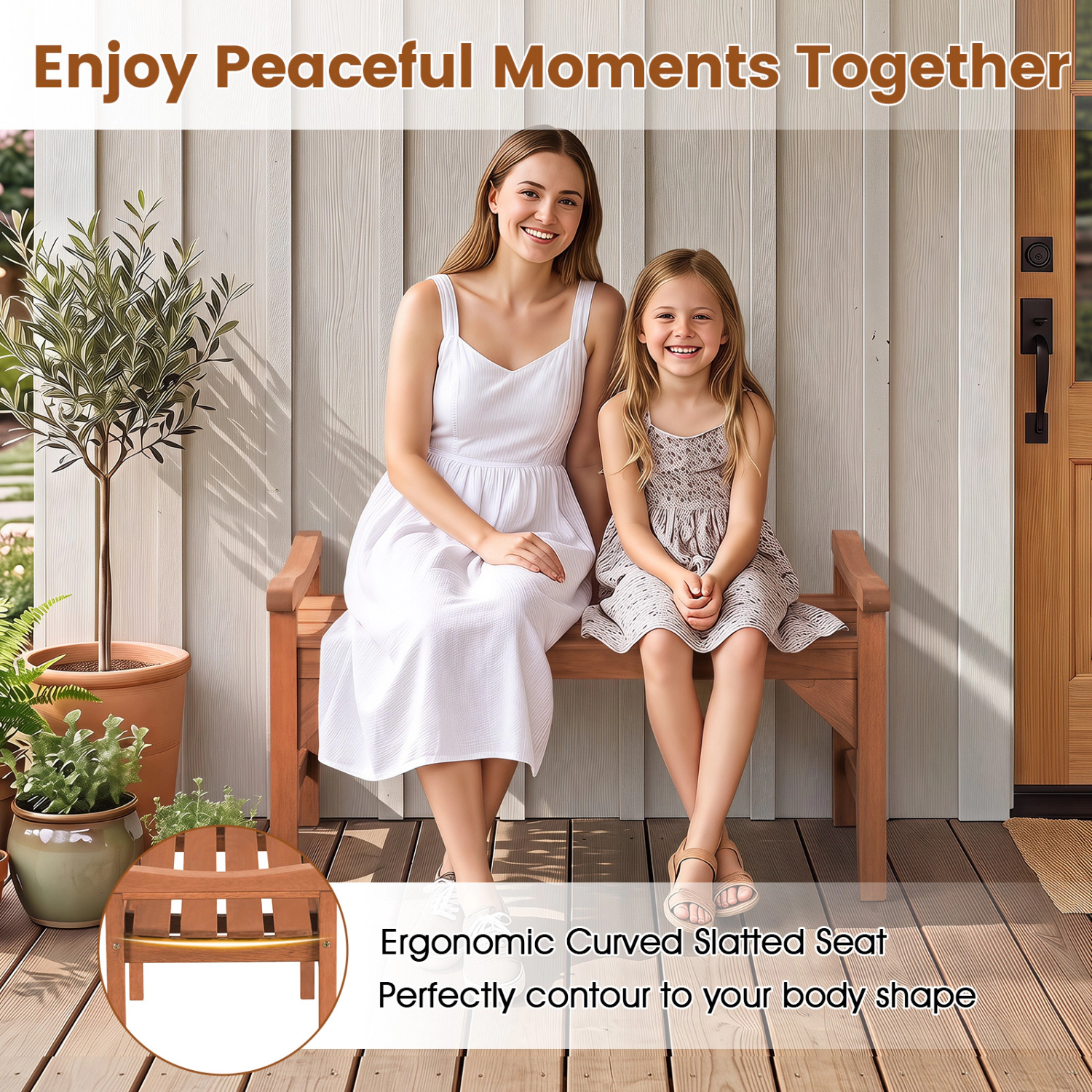 LJG Set of 2 Solid Wood Backless Garden Bench with Support Handles and Curved Slatted Seat for Deck