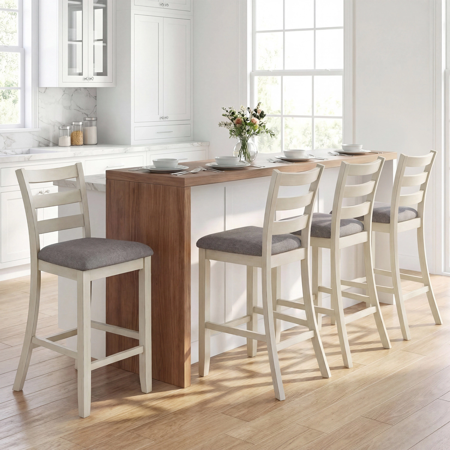 LJG 4 Pieces Counter Height Chairs with Fabric Seat and Rubber Wood Legs