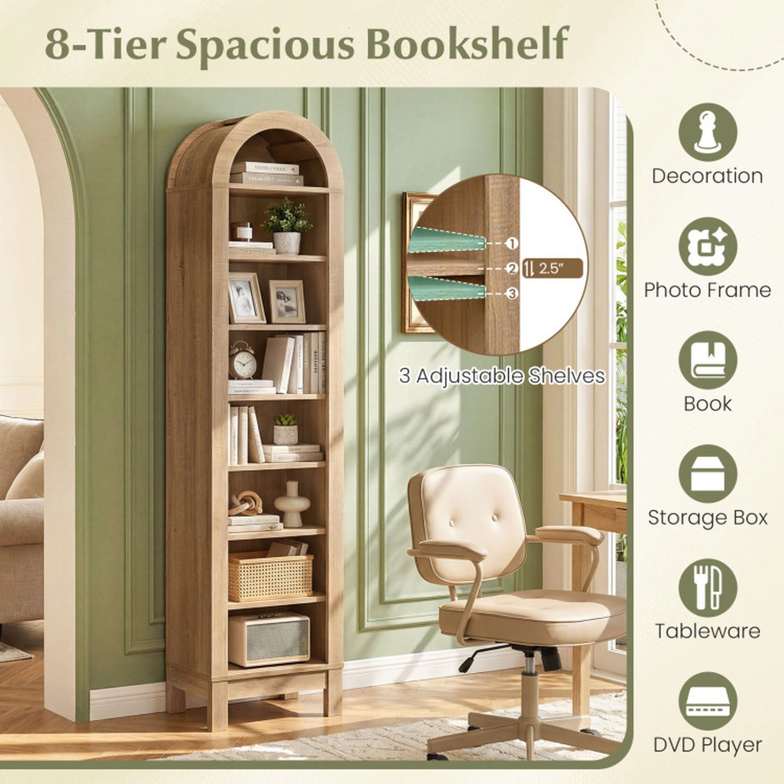SUGIFT 8-Tier Modern Arch Bookshelf with 3 Adjustable Shelves 55-lb Per Shelf Capacity 71-in Tall Natural