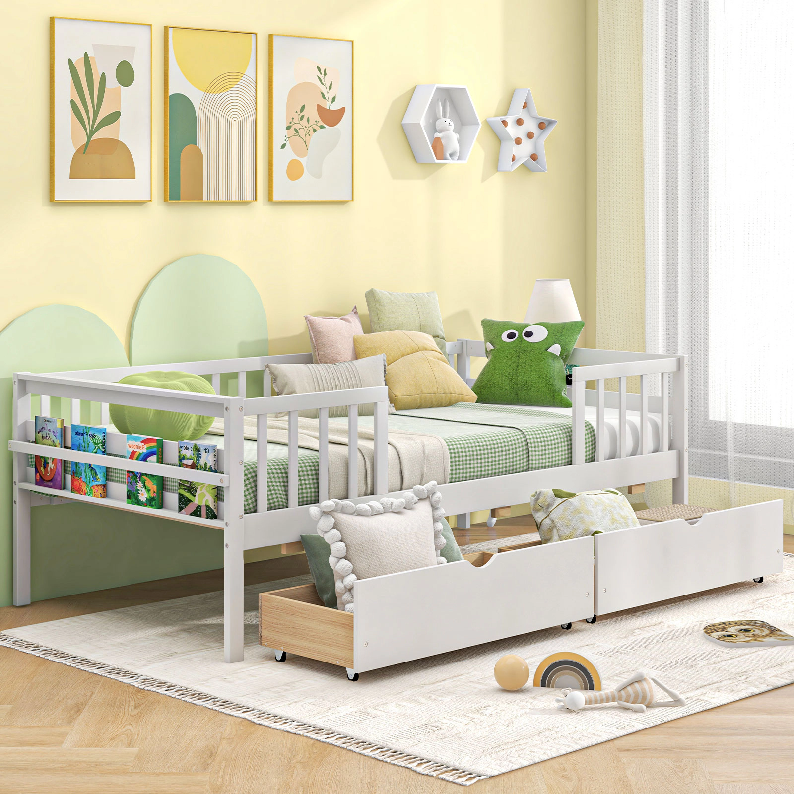 SUGIFT Twin Kids Daybed, 3-Side Fence Rails, 2 Storage Drawers, White