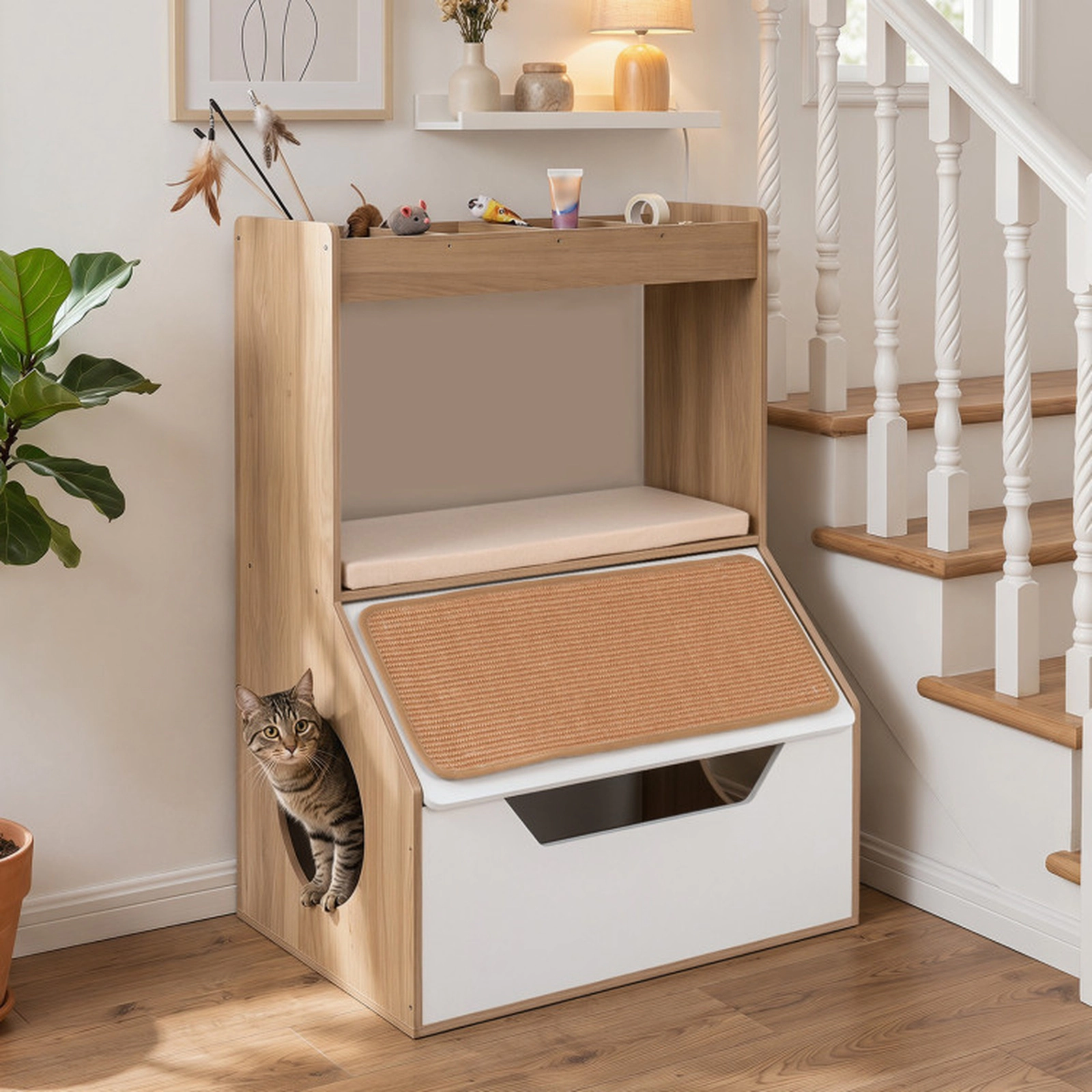 SUGIFT 28 x 39-in 115-lb Capacity Natural 3-in-1 Hidden Cat Litter Box Enclosure House Cabinet with 4 Cubbies