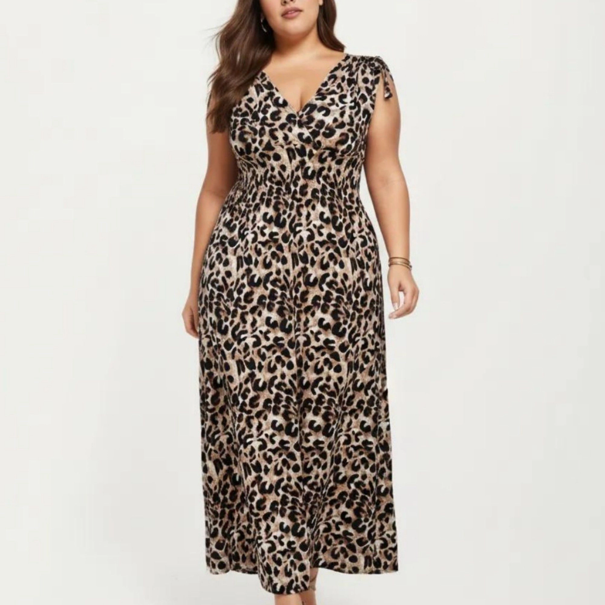 Anna-Kaci Women's Sleeveless V Neck Leopard Print Elastic Waist Flowy A Line Long Maxi Dress