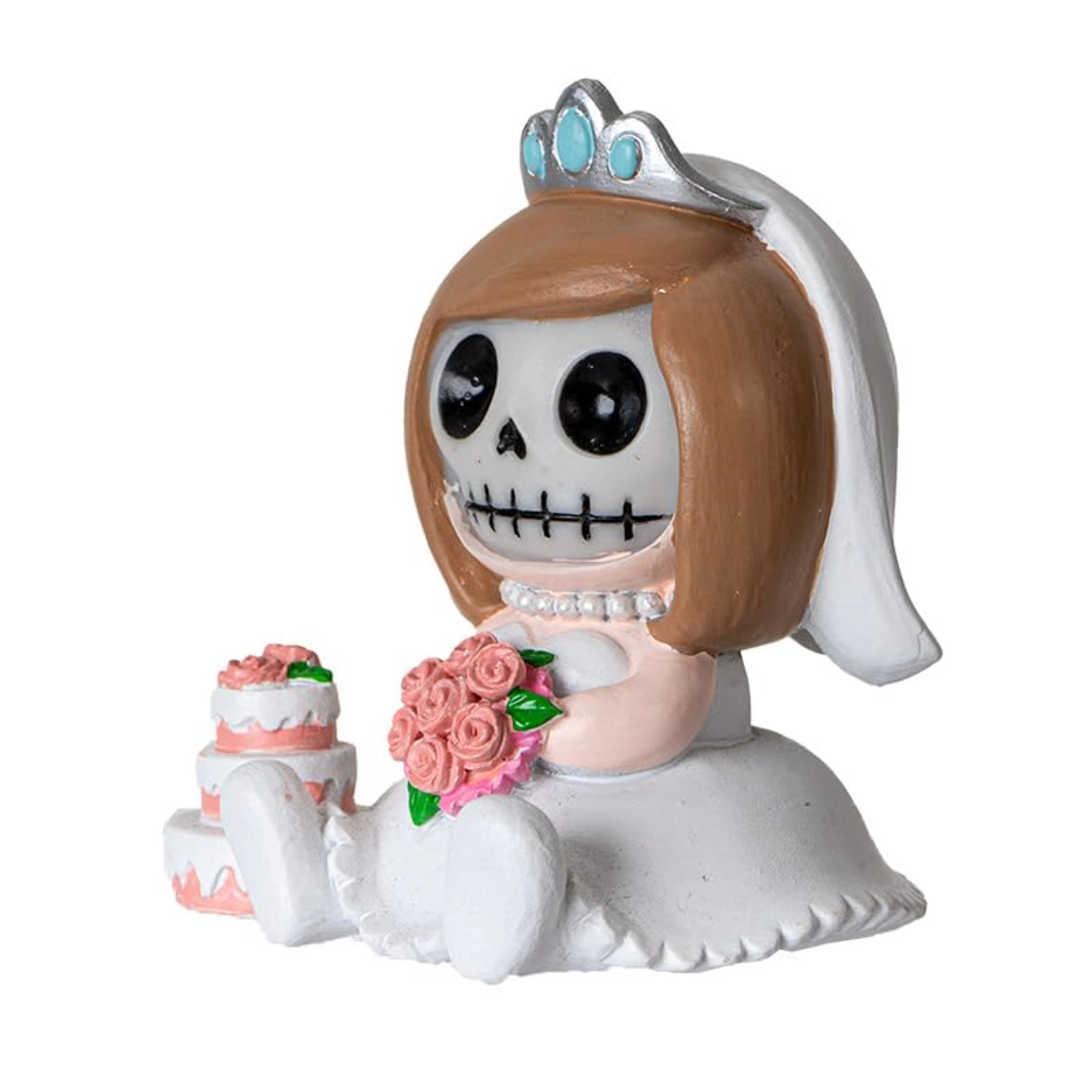 Pacific Giftware Mrs. Furrybones Figurine Skeleton Bride in Wedding Dress Holding Bouquet with Cake 3.15 Tall
