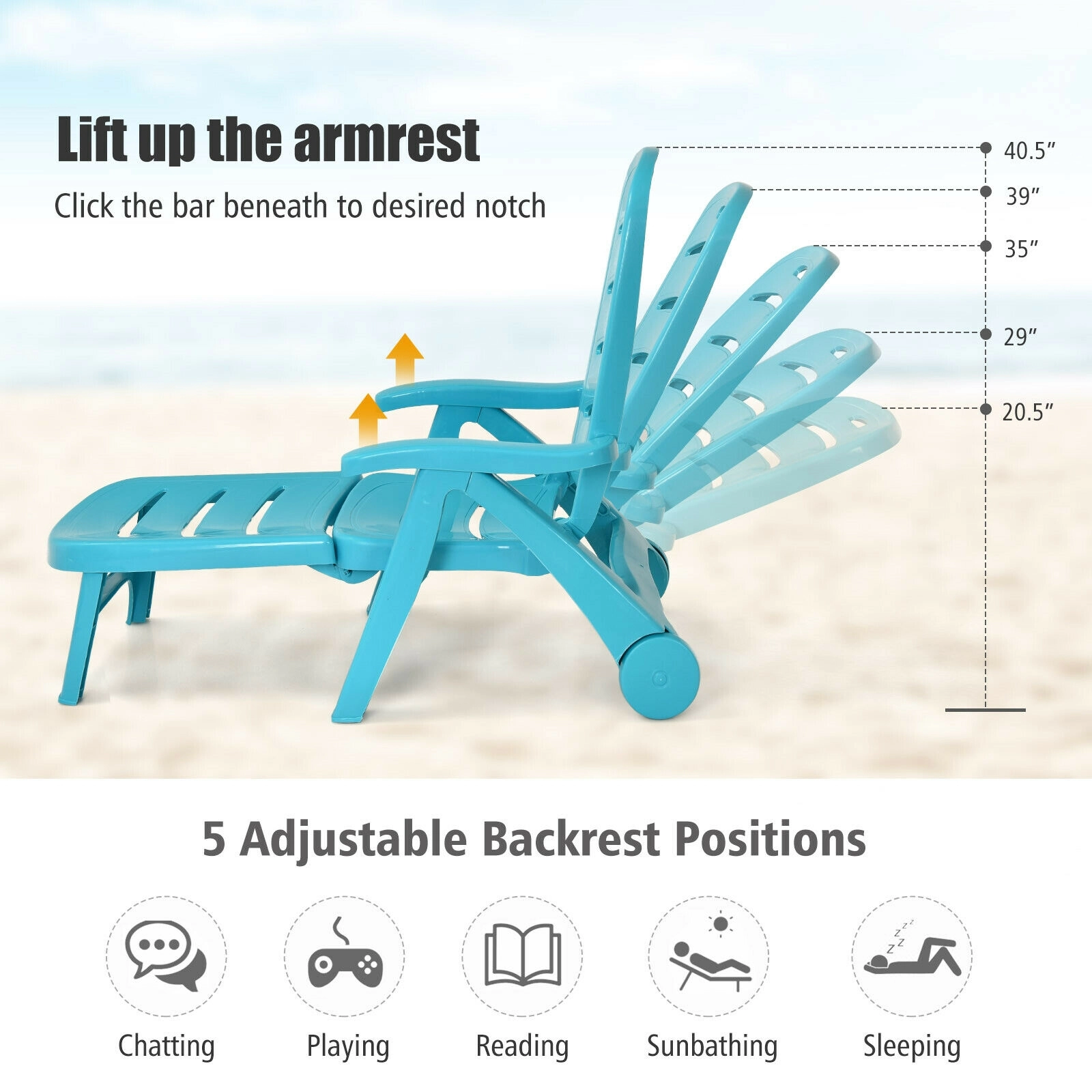 SUGIFT Armrests 330-lb Turquoise 5-Position Folding Chaise Lounge Chair All-Weather Resin