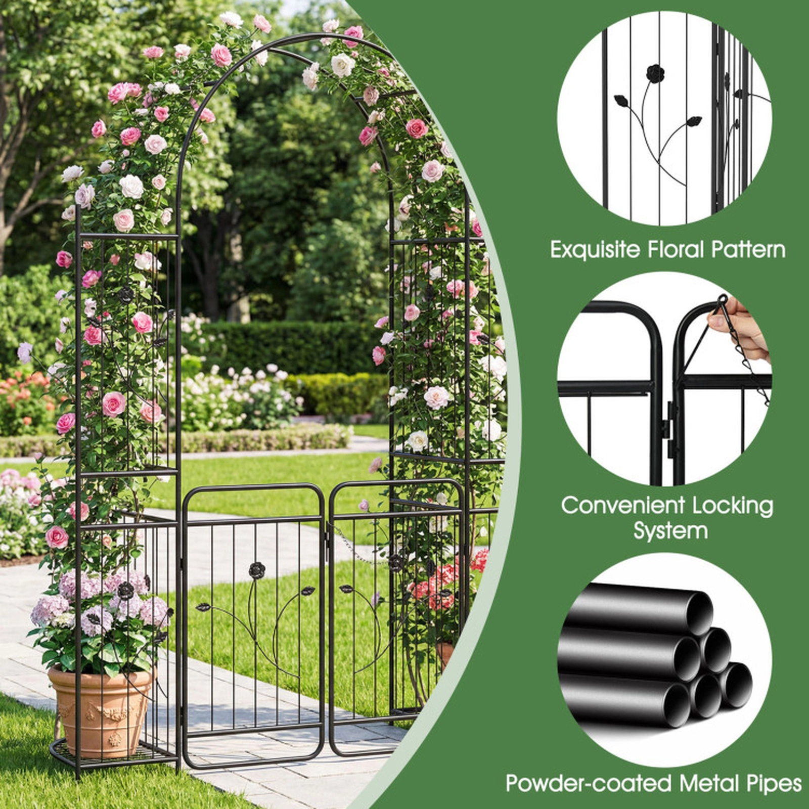 SUGIFT Black Metal Garden Arch with Lockable Gate 2 Planter Shelves and 6 Ground Stakes 64-in W 20-in D 87-in H