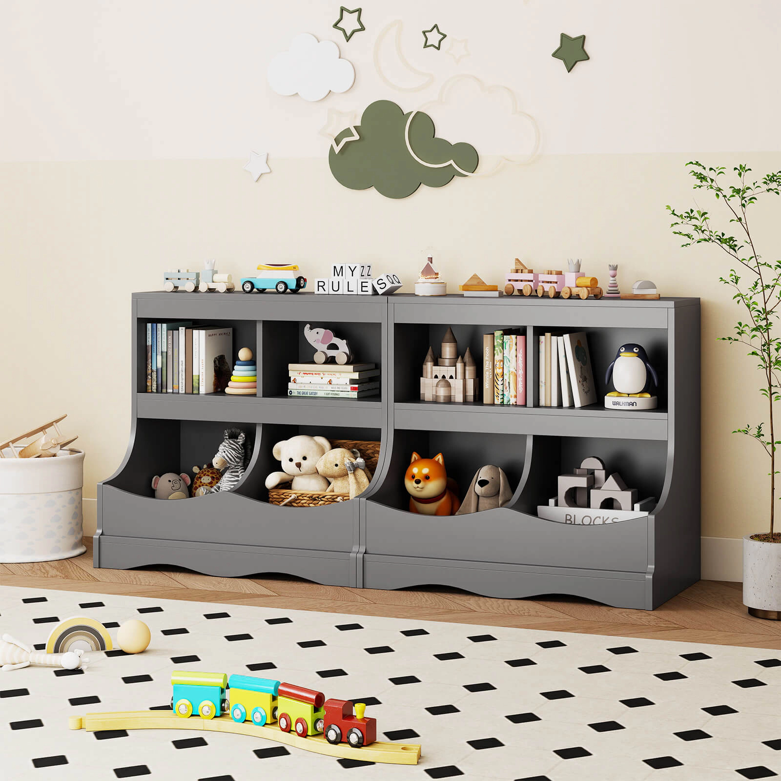 Costway Toy Storage Organizer for Toys & Books 4-Cubby Kids Bookcase Children's Room Gray