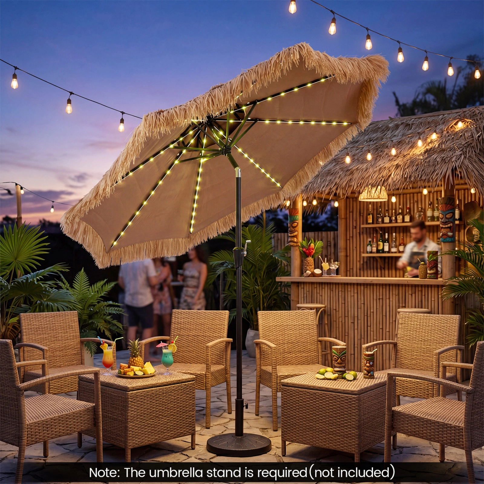 SUGIFT Solar 96-Light Thatched Tiki Patio Umbrella with 12 Lighting Modes 9-ft Canopy Natural and Black