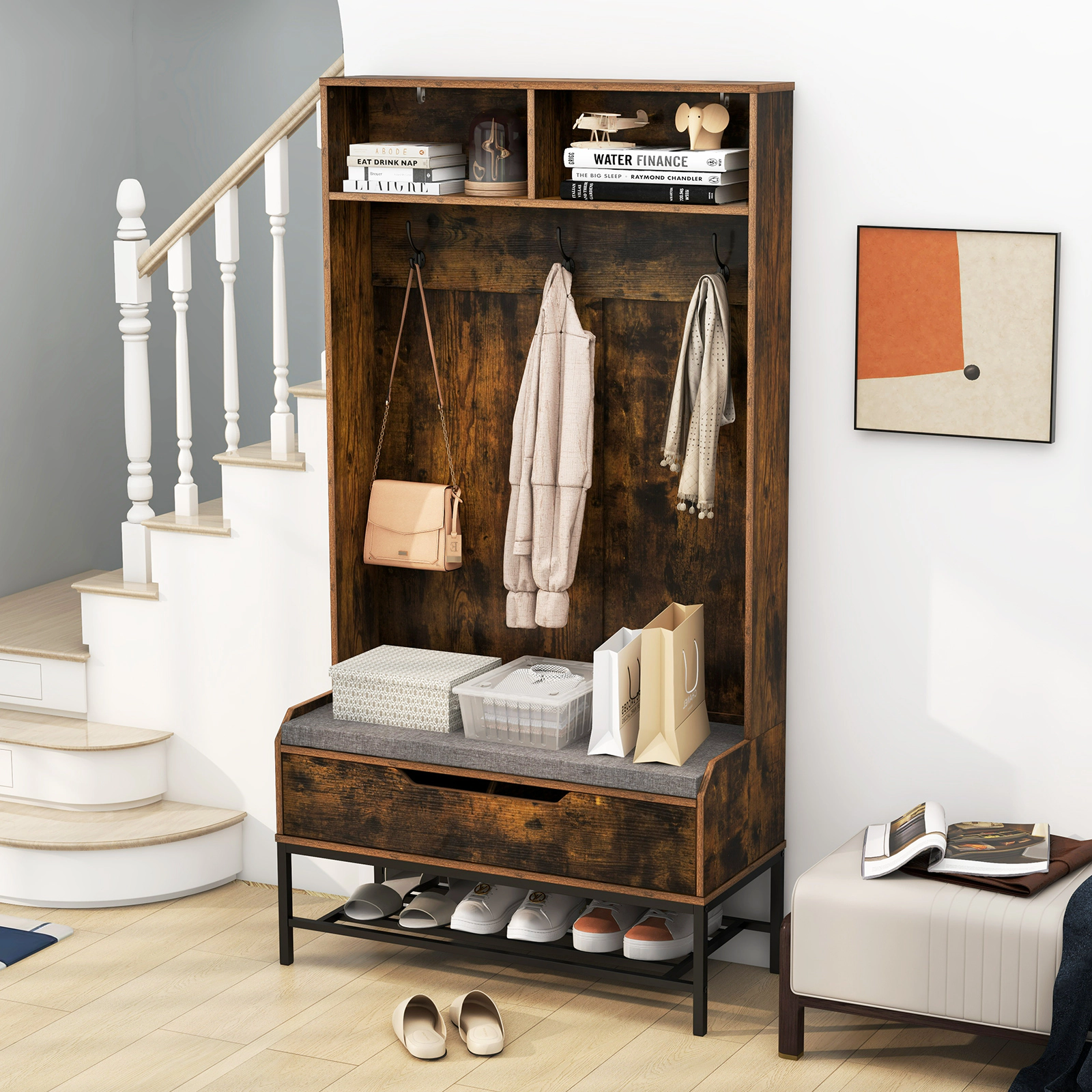 SUGIFT Rustic Brown 67-in Tall Hall Tree with 330-lb Lift-Top Bench 3 Hooks and Entryway Shoe Rack