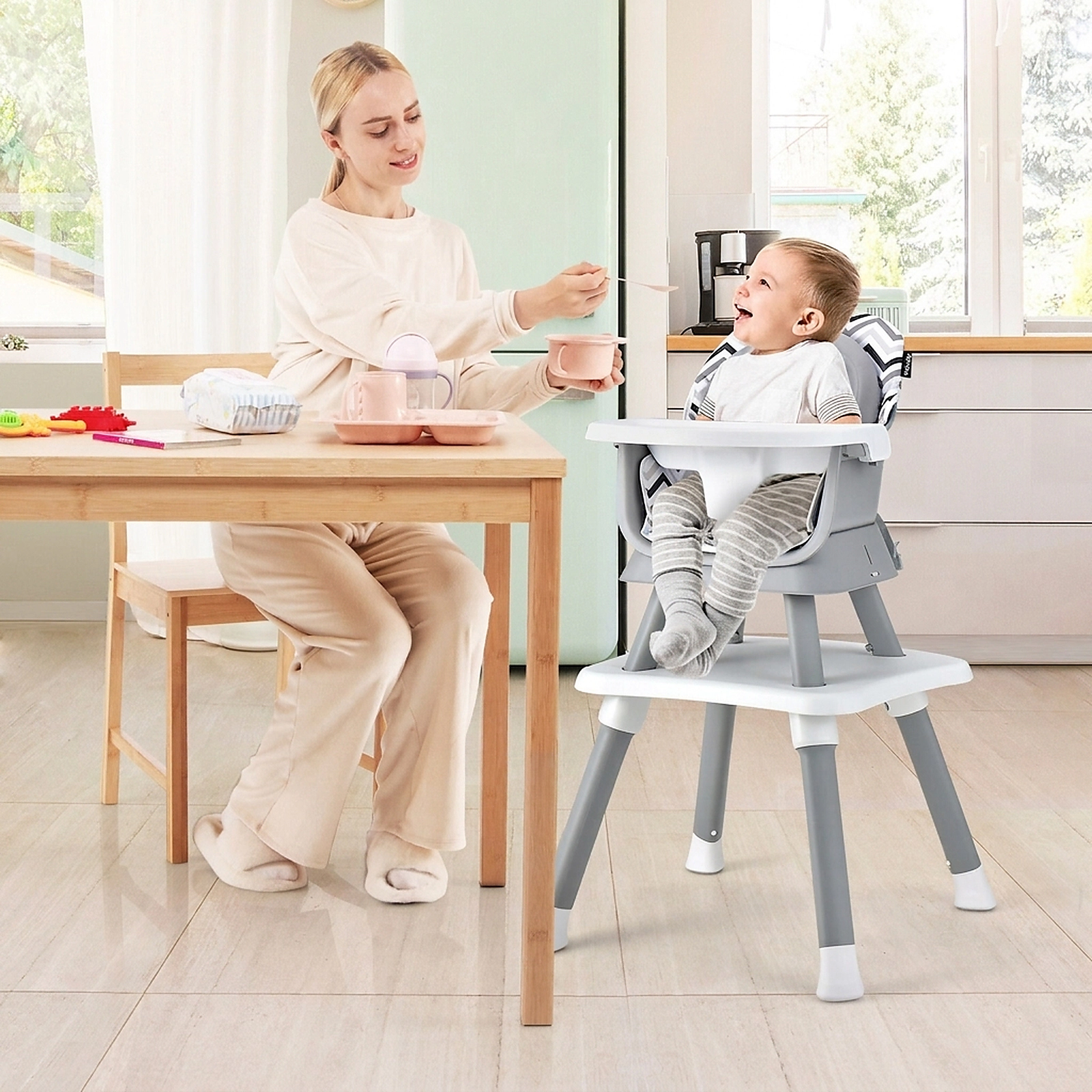 6-in-1 Baby Highchair 3-Position Adjustable Tray Two-Sided Kids Table and Chair Set 6 to 36 Months Gray and White