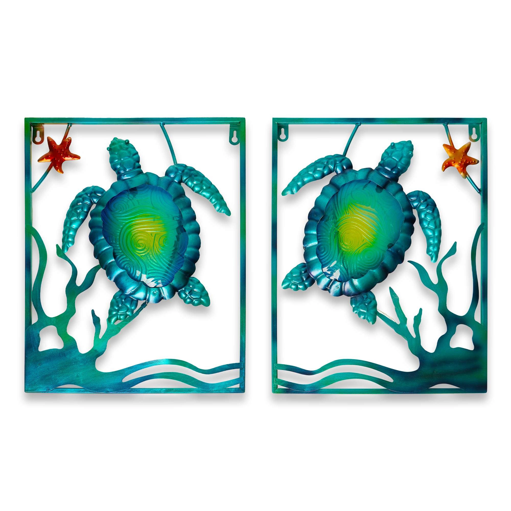 G128 Sea Turtle Metal Wall Art Set - Turquoise Glass and Iron Coastal Decor with LED Lights, Set of 2, Battery Operated