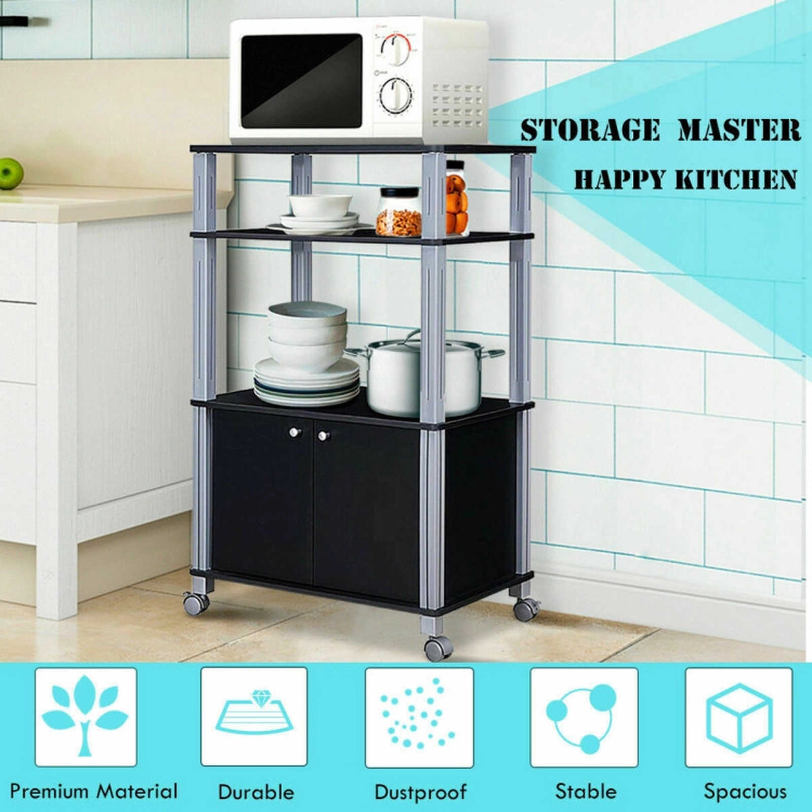 SUGIFT Black Rolling Microwave Cart with 2-Door Cabinet 3 Open Shelves and Locking Casters for Kitchen