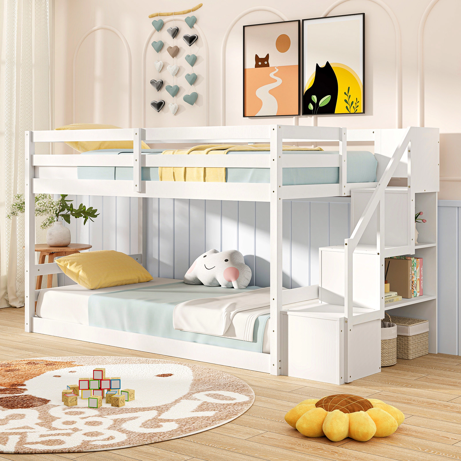 SUGIFT White Storage Stairs and 3 Compartments Twin Over Twin Kids Low Bunk Bed