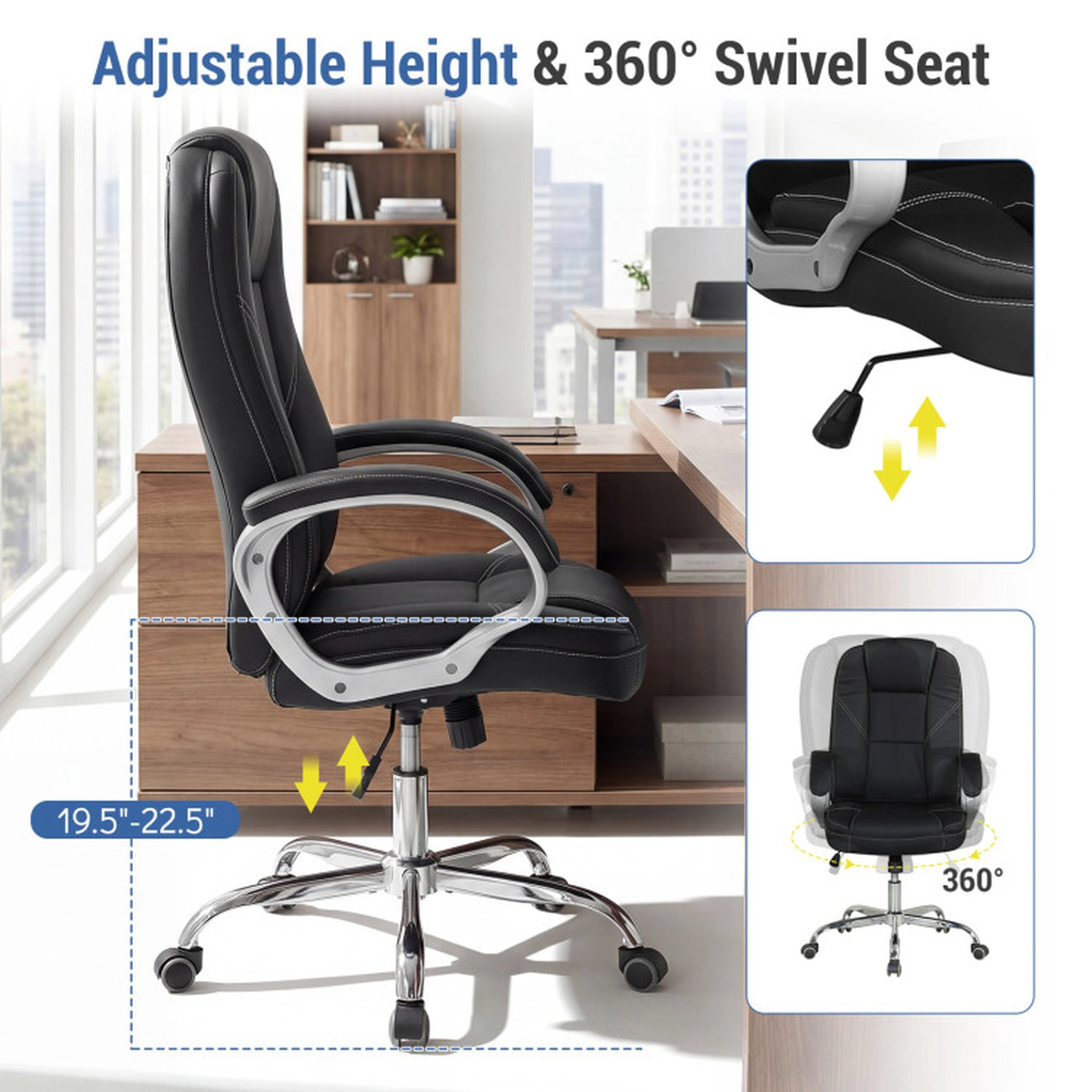SUGIFT Ergonomic Leather Office Chair with Padded Armrests, Rocking Backrest and Adjustable Seat 300-lb Capacity Black