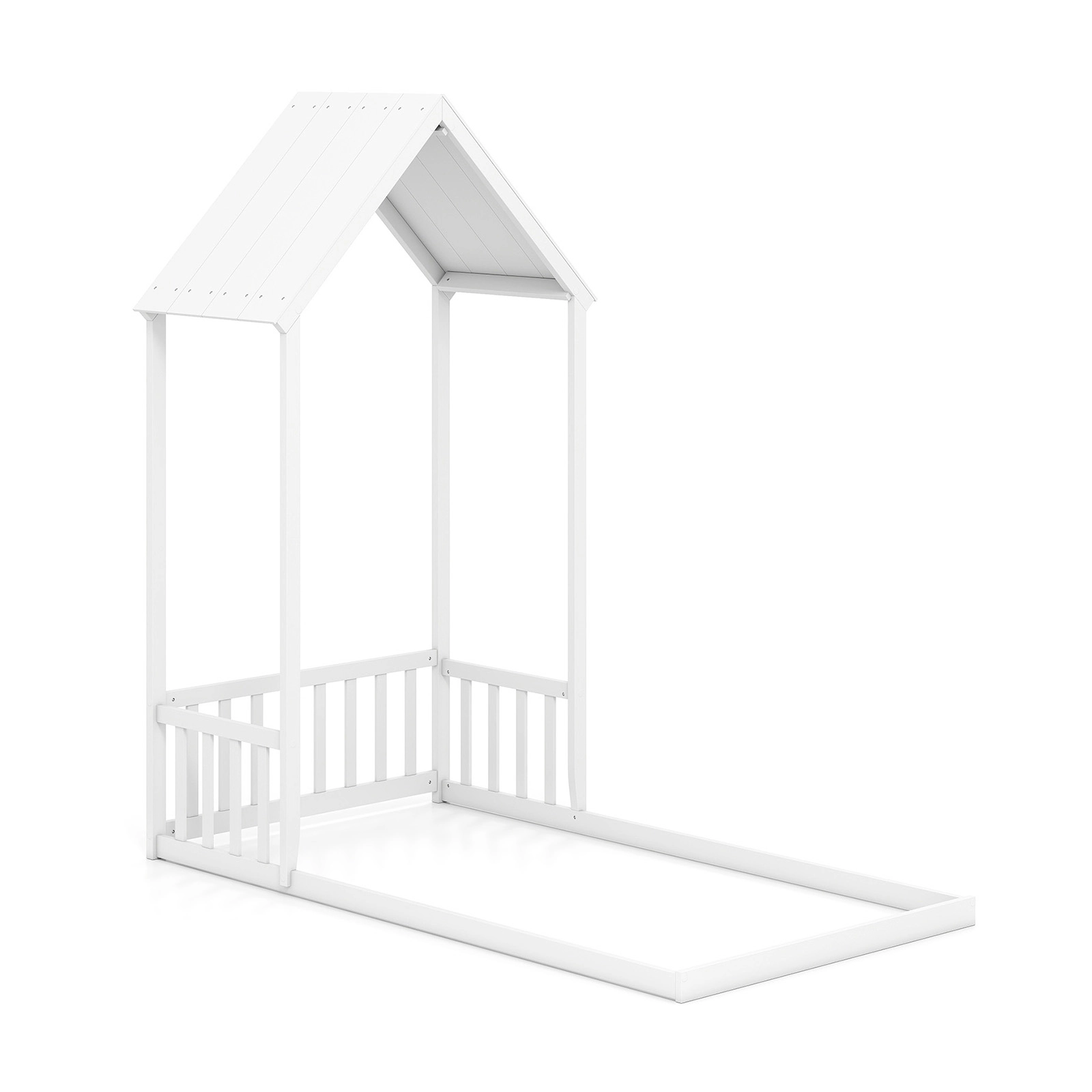 SUGIFT Twin Size House Floor Bed with House Shape Roof and Semi-Fence Toddler Bed White