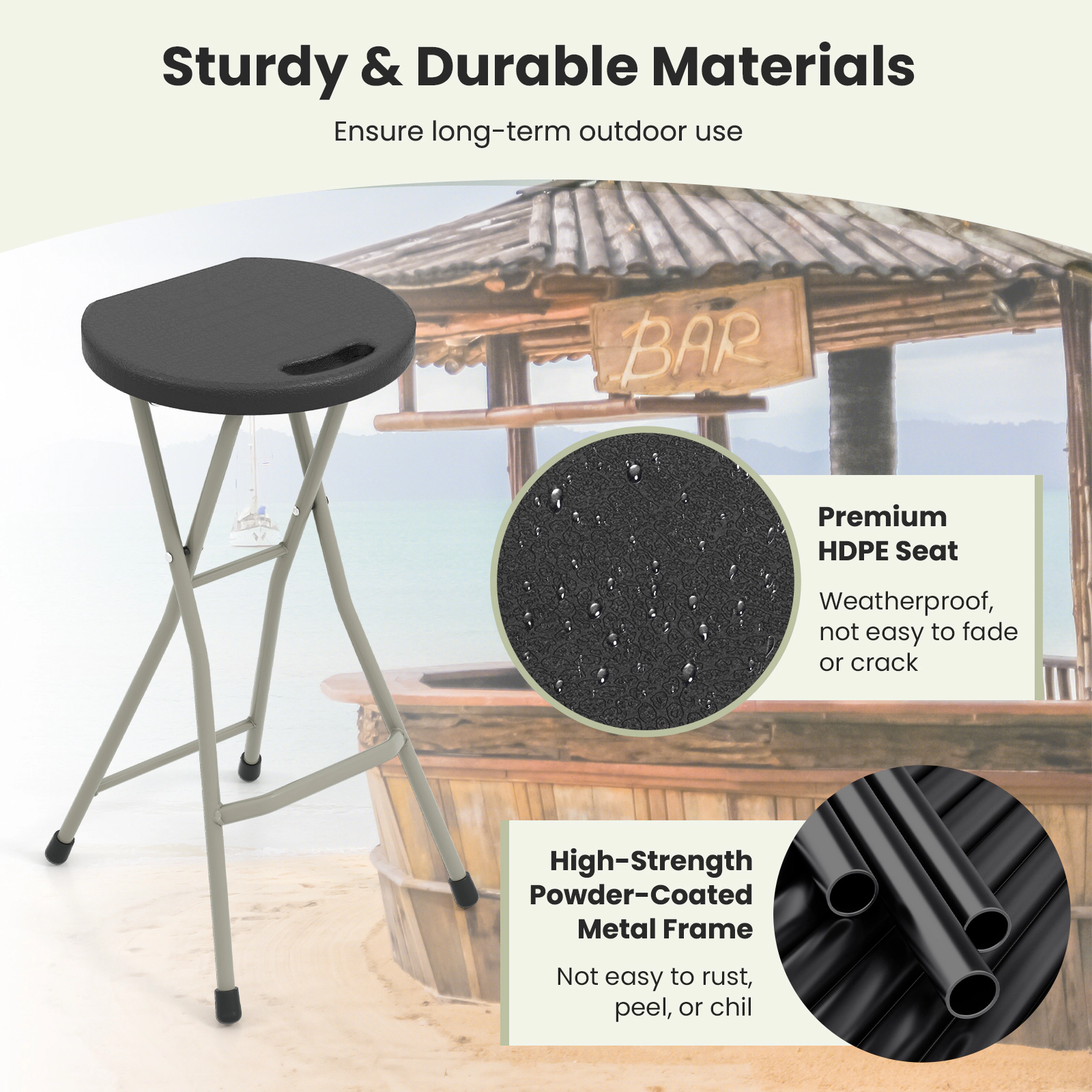 SUGIFT Portable Folding Dining Stool with Footrest 330-lb Capacity 28-in Height Black Silver